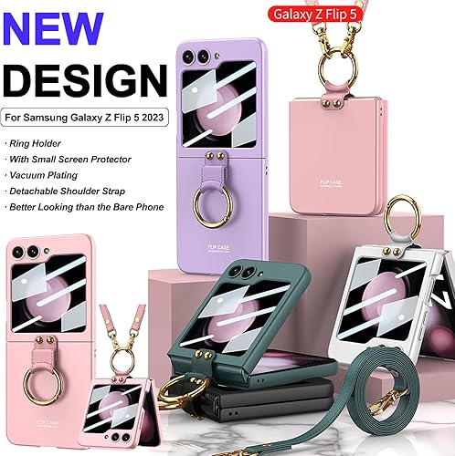 Miniatura 2 de Miimall Funda compatible con Samsung Galaxy Z Flip 5 con correa para mujeres y niñas, película de pantalla pequeña integrada, soporte de anillo de