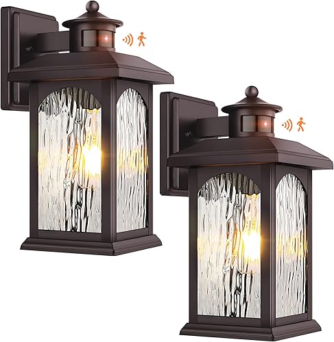 Miniatura 7 de Paquete de 2 luces para exteriores con sensor de movimiento, iluminación marrón del atardecer al amanecer, lámparas exteriores de bronce aceitado,