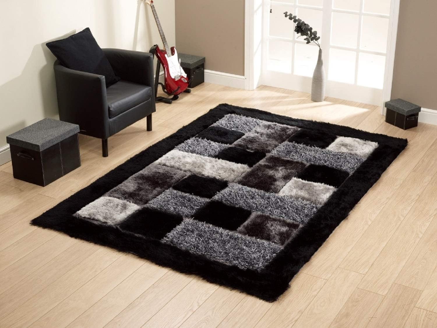 Global Home Solid Baroque Shaggy Rug (Black Grey, Polyester And Polyester Blend, 3 X 5 Feet)