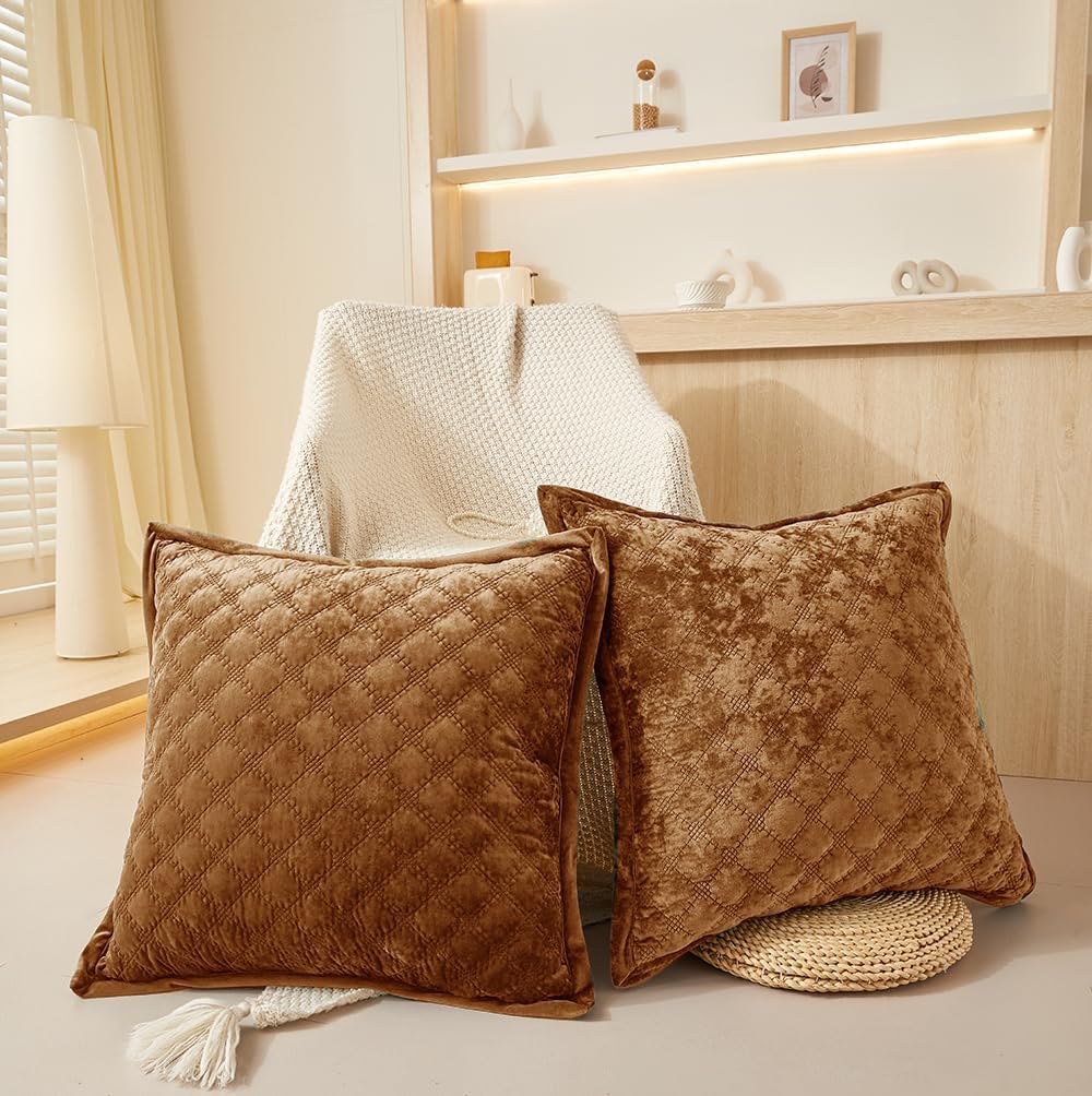 Pillow Cover 24x24 1 Piece Velvet Large Euro Sham with Hidden Zipper Wrinkle Resistant Soft Cross Process Decorative Farmhouse Quilted Cushion Covers for Couch Bed, Caramel