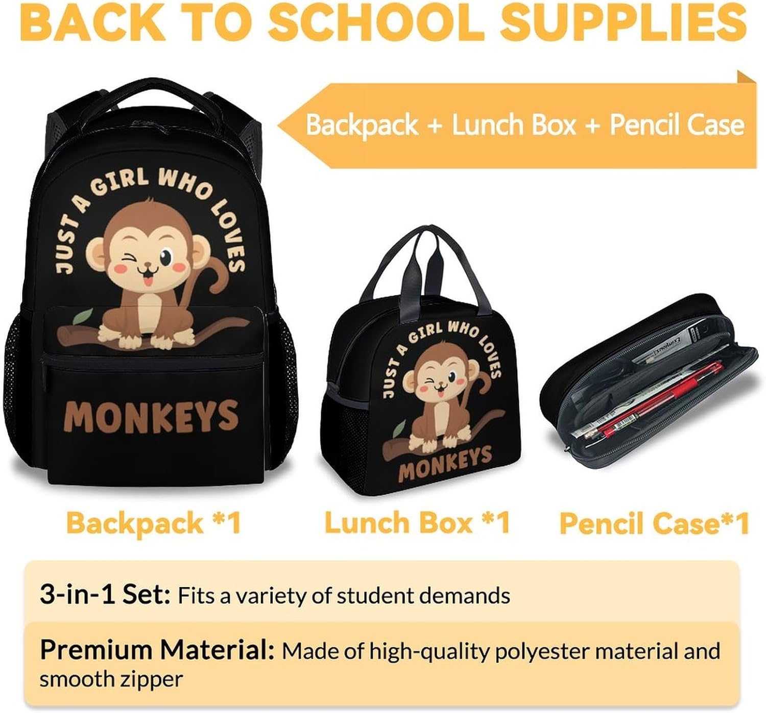 Monkey Backpack with Lunch Box for Girls - Set of 3 School Backpacks Matching Combo - Cute Black Bookbag and Pencil Case Bundle