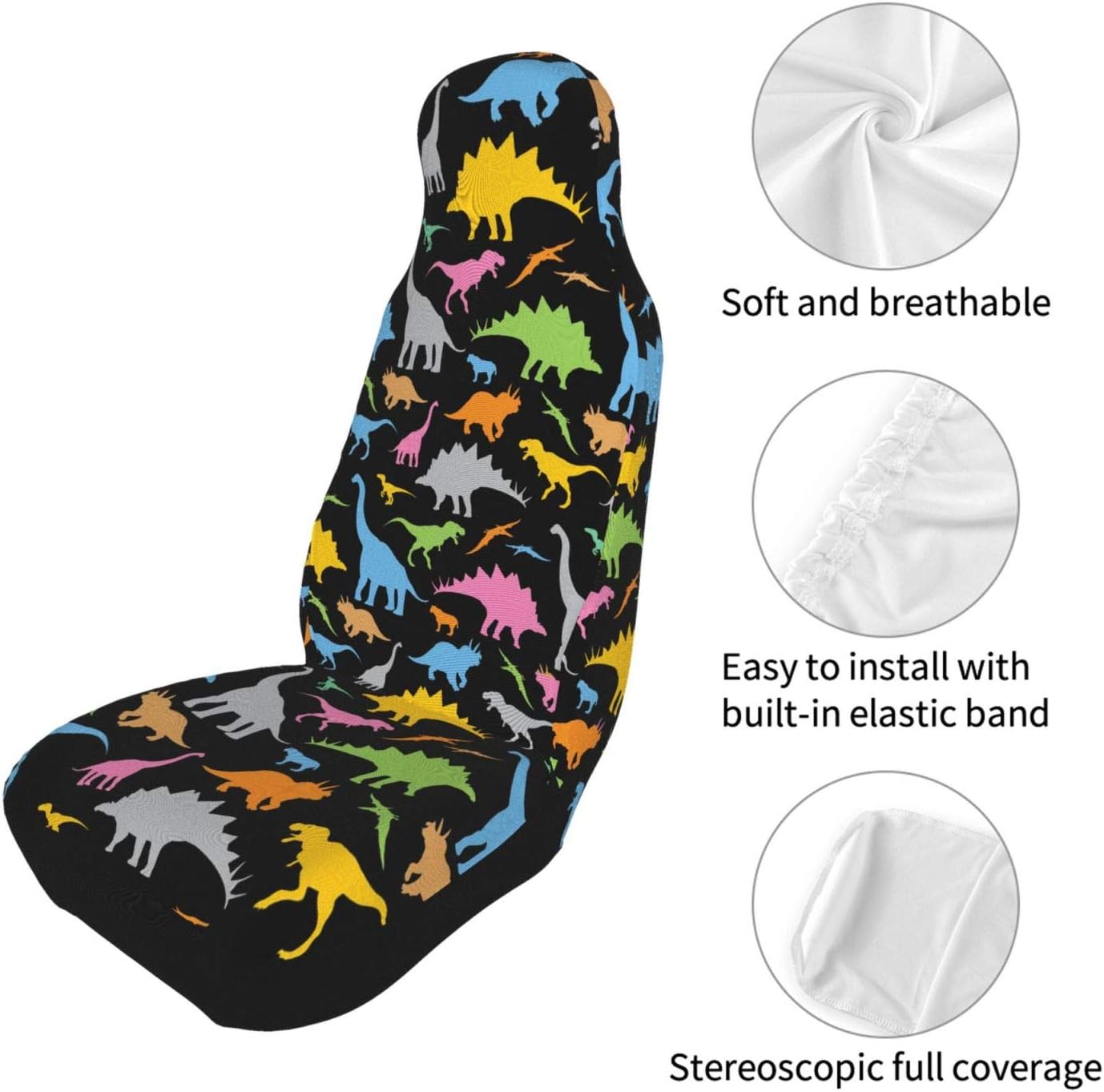 2Pc Cute Colorful Dinosaurs Car Seat Covers Front Seats Only Flexible Lightweight Universal Auto Full Cover Seat Protectors Accessories for Cars SUV Sedan Office Chair