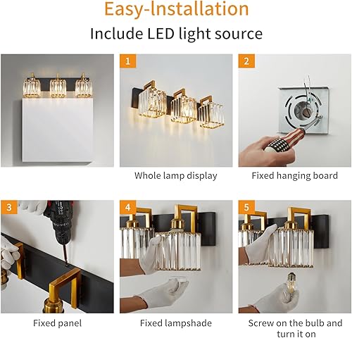 Miniatura 8 de Moderna lámpara de cristal para paredtocador de baño, de 3 luces, color negro y dorado