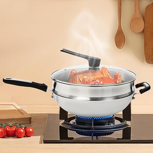 Miniatura 8 de LYNICESHOP Sartén de wok antiadherente de acero inoxidable, sartén de wok de acero al carbono con tapa y olla de vapor, wok de panal de abeja de