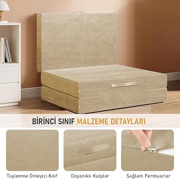 Haegs Katlanır Yatak, Kamp Yatağı, Kamp Matı, Sünger Çocuk Yatağı, Yıkanabilir Kılıf, Misafir için, Seyahat, Kamp, Araç, Karavan, Çadır ve Yoga için İdeal; 22 Dens - 155x65x10 cm - Bej