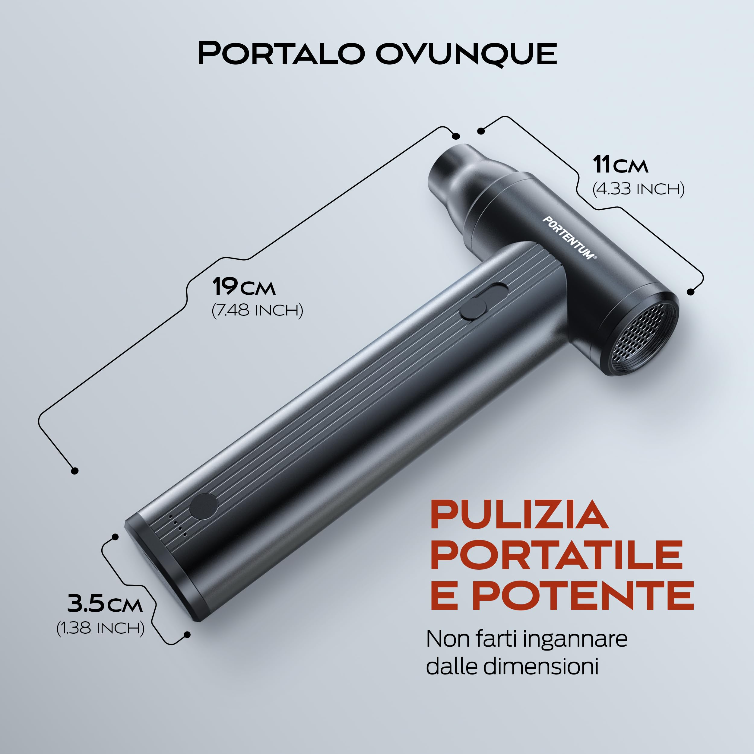 PORTENTUM 2 in 1 Mini Aspirabriciole senza fili 25 kPa – Batteria 10000 mAh fino a 135 min USB-C – Aria compressa elettrico 180 km/h brushless – Aspirapolvere auto a velocità regolabile – Set da 11