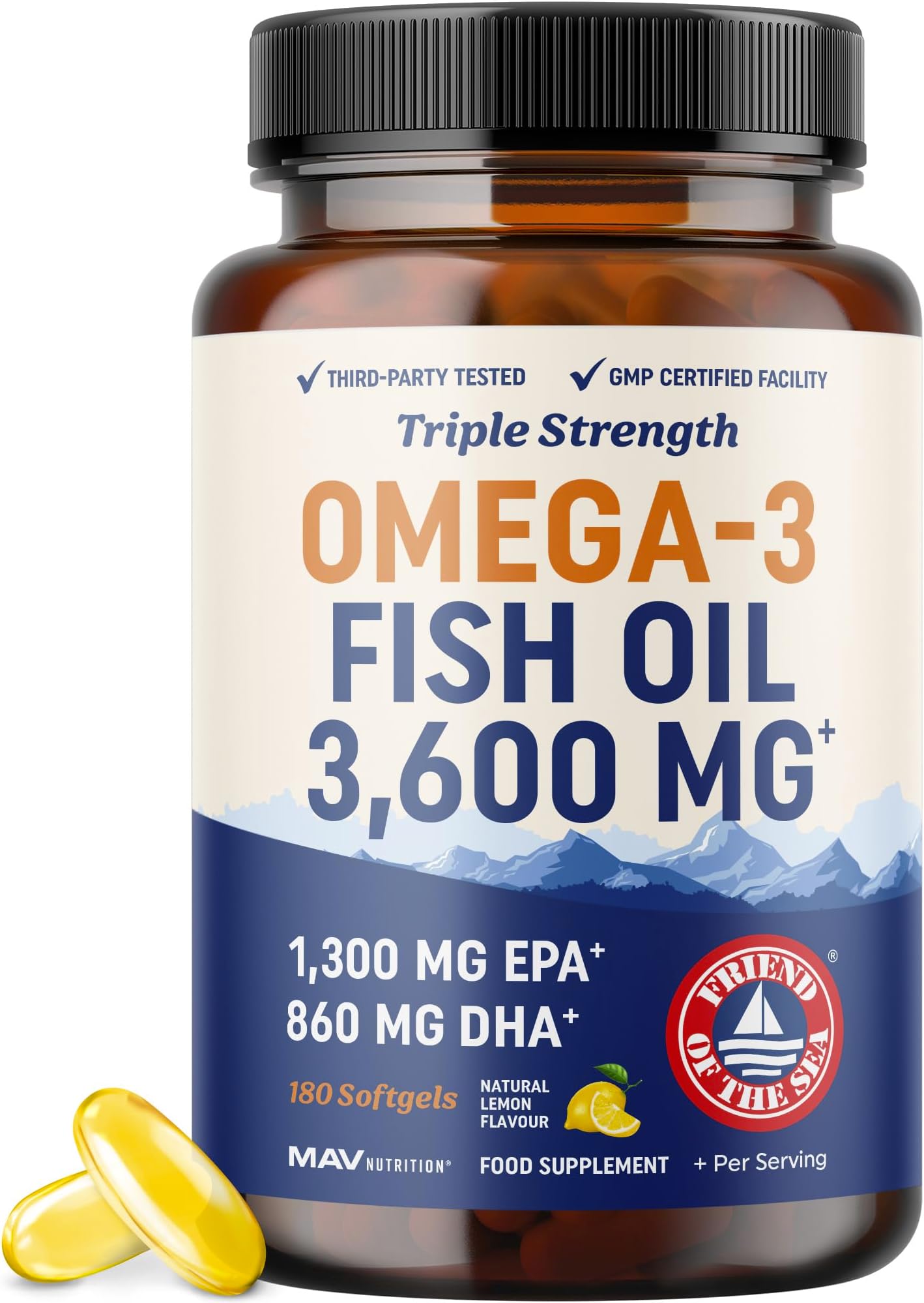 Triple Strength Omega 3 Fish Oil 3600 mg | EPA & DHA | Over 2100mg Omega-3 Fatty Acids | 1300mg EPA + 860mg DHA | Best Essential Fatty Acids | Premium Wild Caught & Burpless Fish Oil | 180 Ct