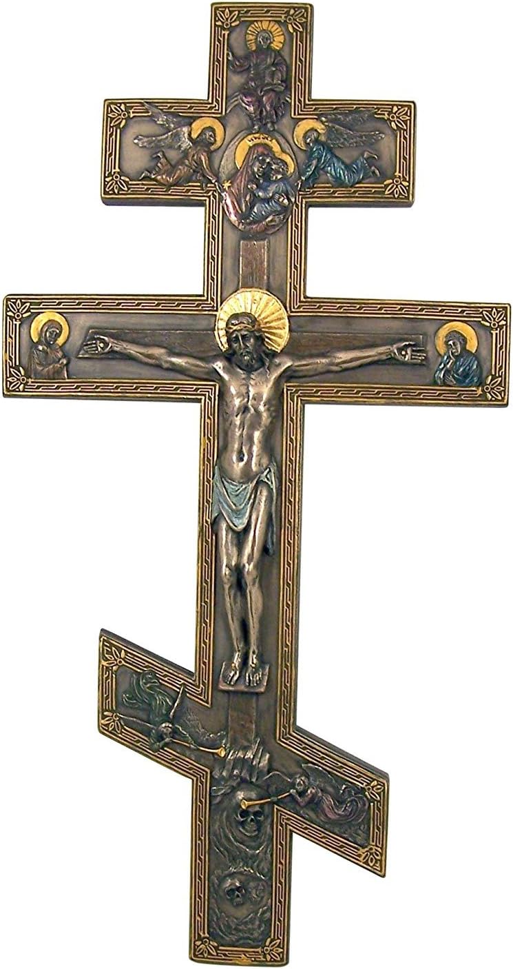 Religious Gift 17" Bronzed Marble Resin Orthodox Cross Crucifix Wall Plaque with Angels Home Chapel Decoration