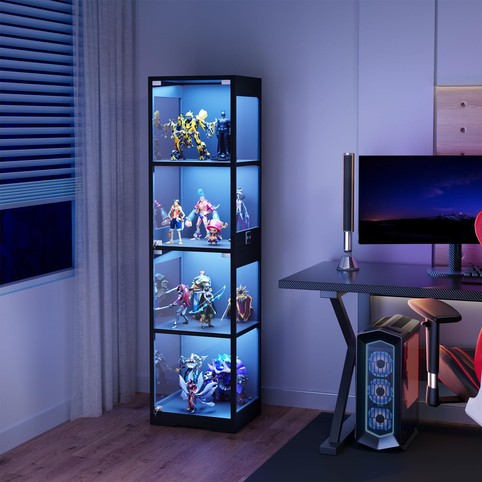 Vitrina con iluminación LED y puertas de cristal, vitrina coleccionable para curiosidades figuras de acción, vitrina de exposición con sensor inteligente, vitrina de 4 capas para salón oficina (negro