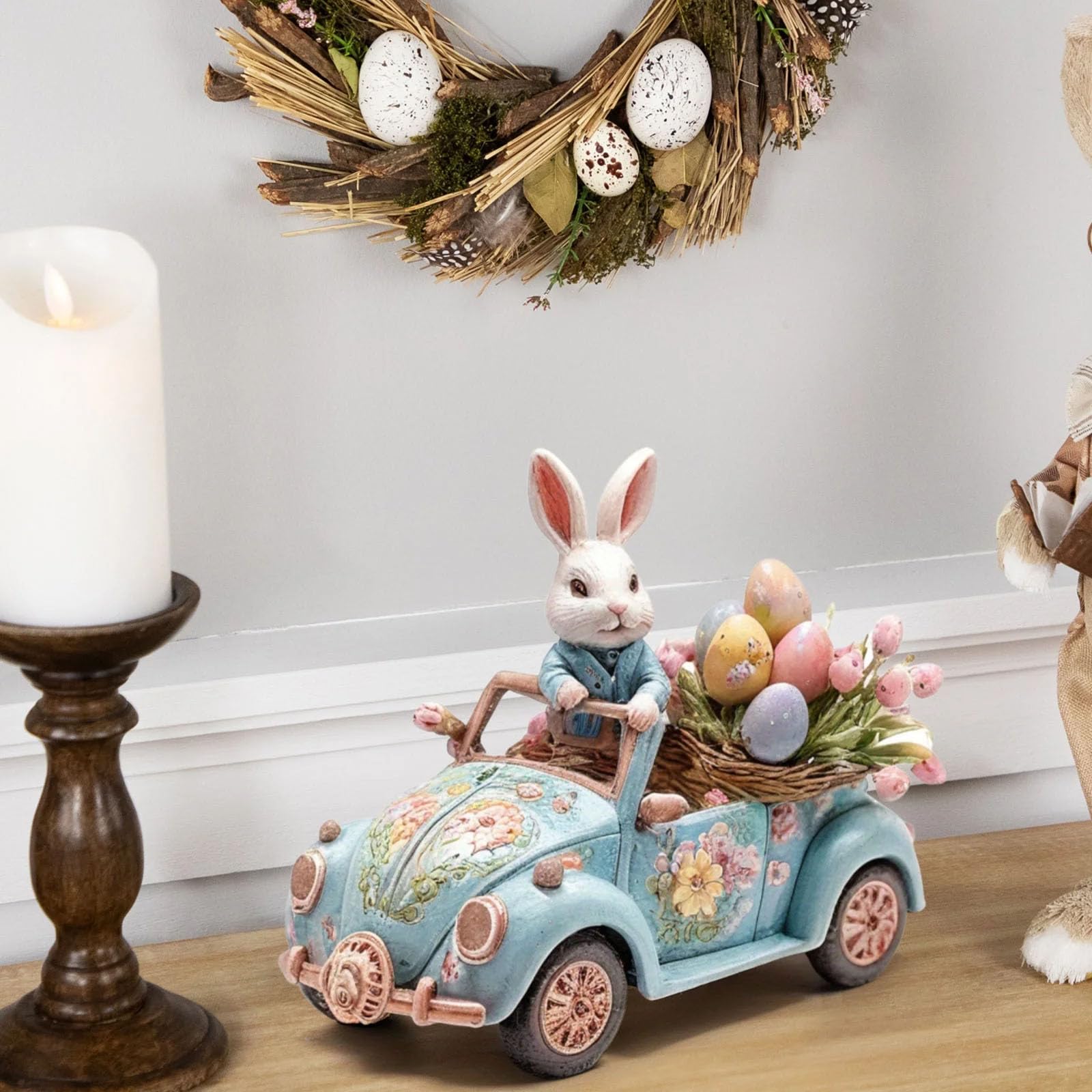 2D Easter Bunny Driving Car Figurine, Acrylic Tabletop Decoration with Floral Design, Blue Vintage Car with White Rabbit and Egg Basket, Spring Holiday Home Decor 021 (#C687) — view 4