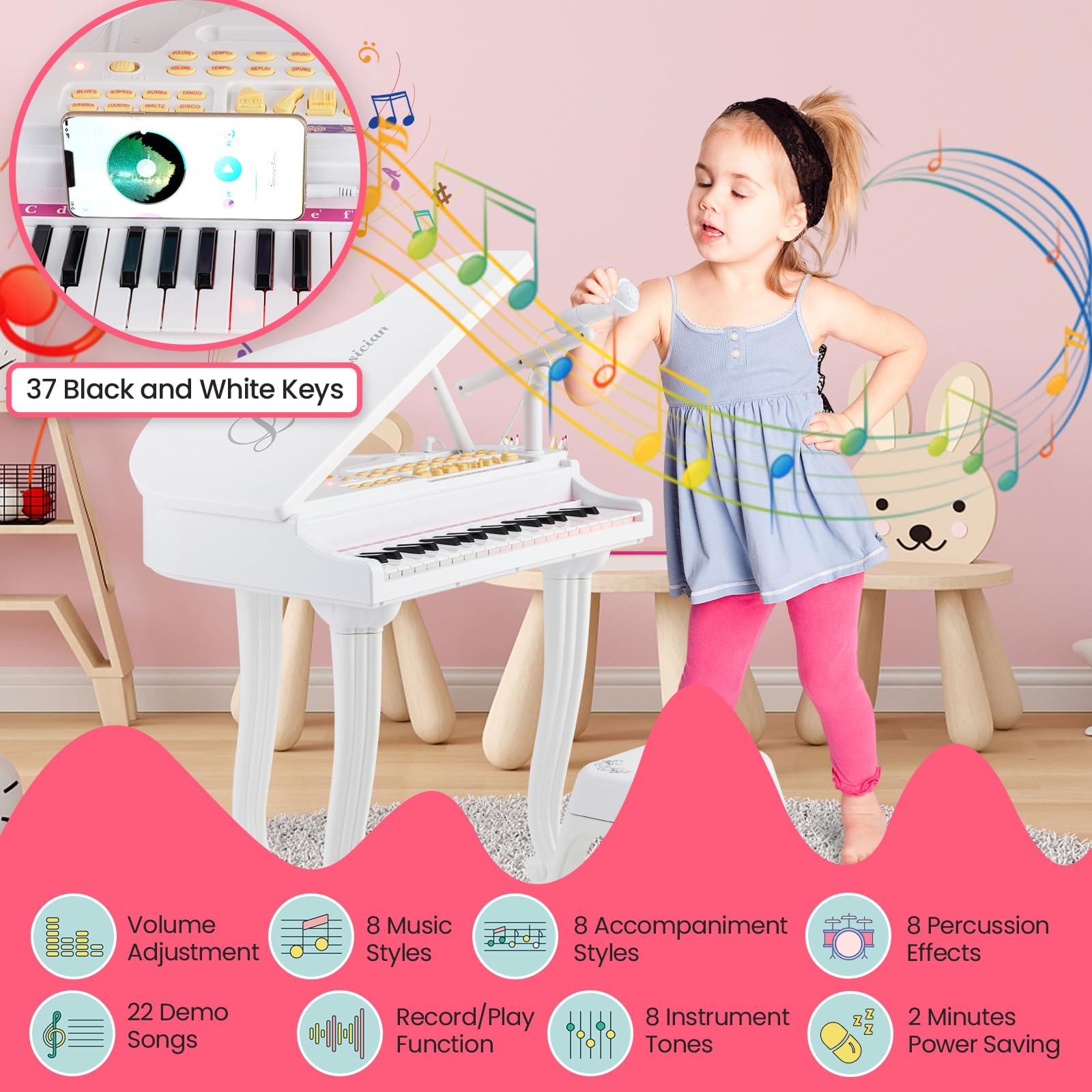 KOMFOTTEU 37 Tasten Kinderklavier Set, Elektronisches Klavier mit Mikrofon & Hocker, E-Piano Klaviertastatur mit 8 Percussionseffekte & Begleitstile, Keyboard für Kinder ab 3 Jahren (Weiß)