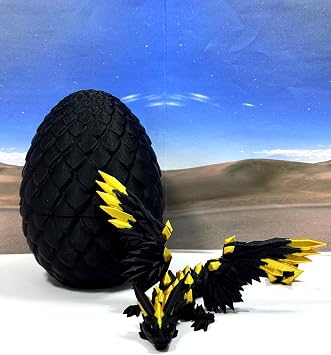 Crystal Winged Dragon with Egg, Articulated Dragon with Wings, 3D Printed Black and Gold Crystal Fidget Stress Relief Toy Fidget ADHD Autism Toy CW004-BE