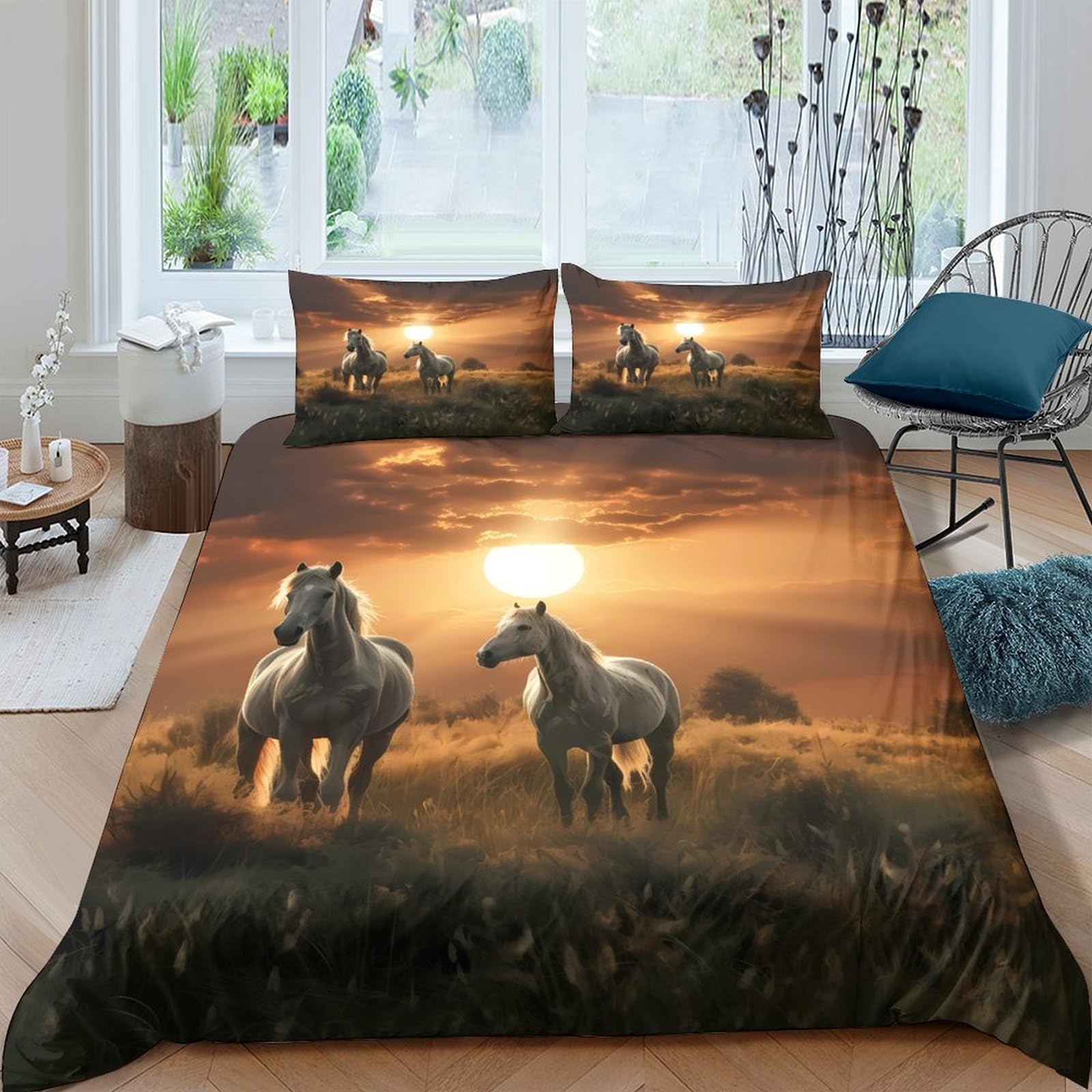Ctjqhvkz Style-10 3D Printed Sunset Wild Horse Fitted Sheet Microfiber Soft Breathable Nature Landscape Mattress Cover For Bedroom Home Decor Single（135X200cm）