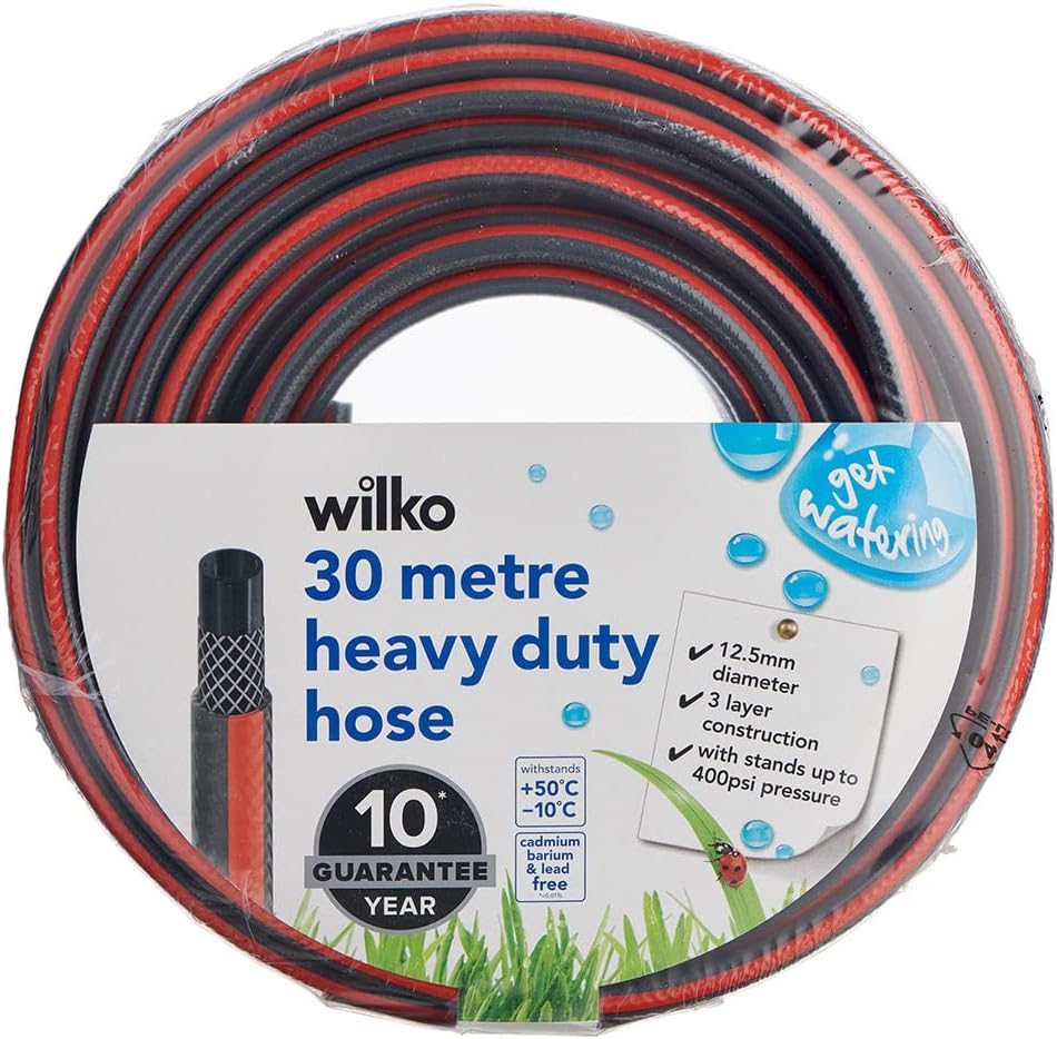 wilko 30m Garden PVC Hosepipe, 4-Layered Reinforced PVC Construction, Braided Textile Reinforcement, 10 Years Guarantee