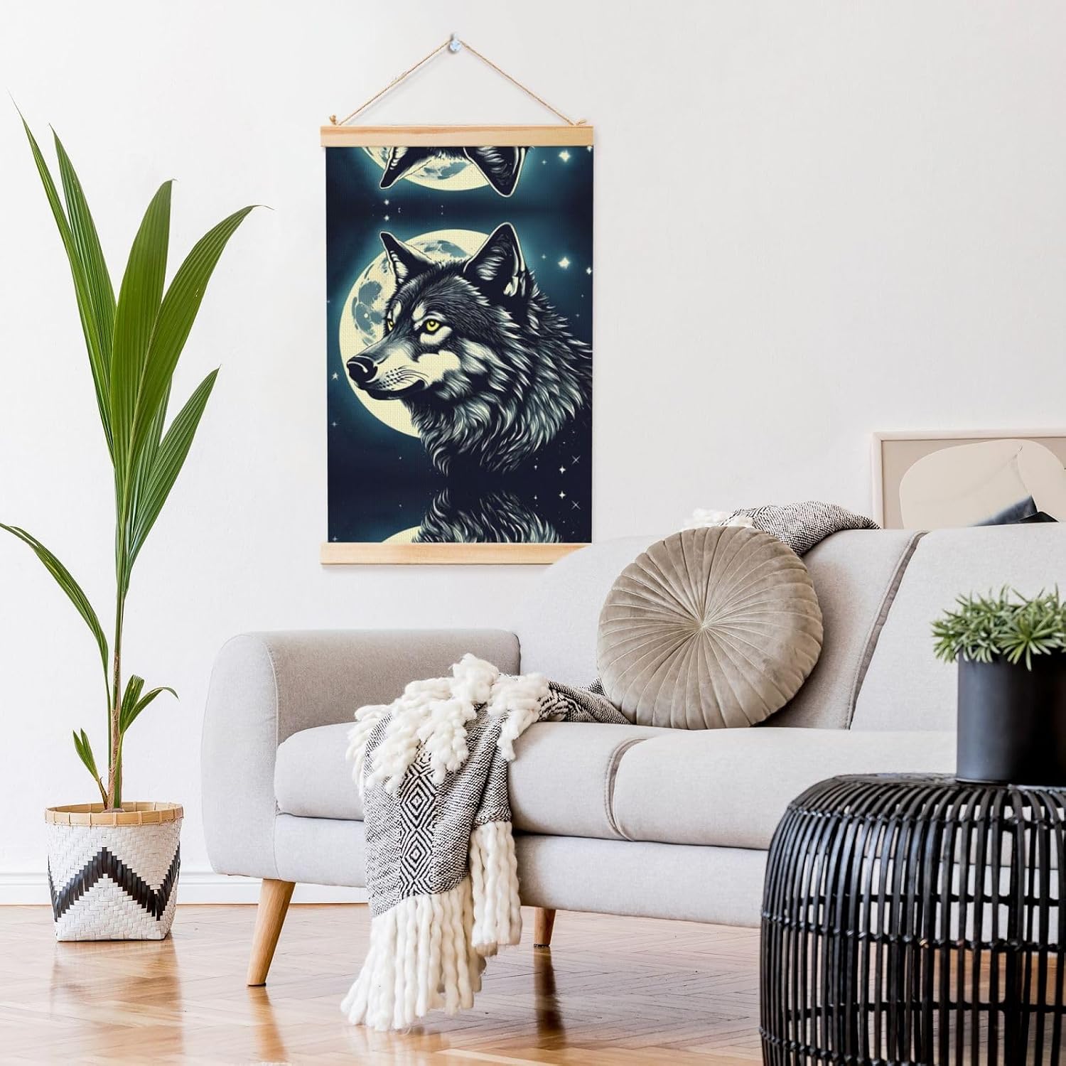 Wolf Night Moon Print Poster Hanger,Hanging Poster, Poster Frame,Wood Poster Hanger, For Wall Hanging