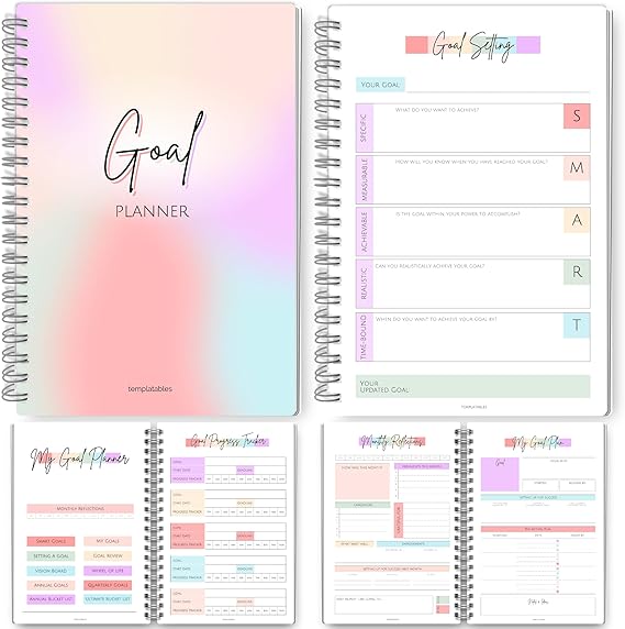 Goal Planner | SMART Goal Setting Kit for the New You, Monthly Habits, Reflections & Vision Boards | Pastel Rainbow A5
