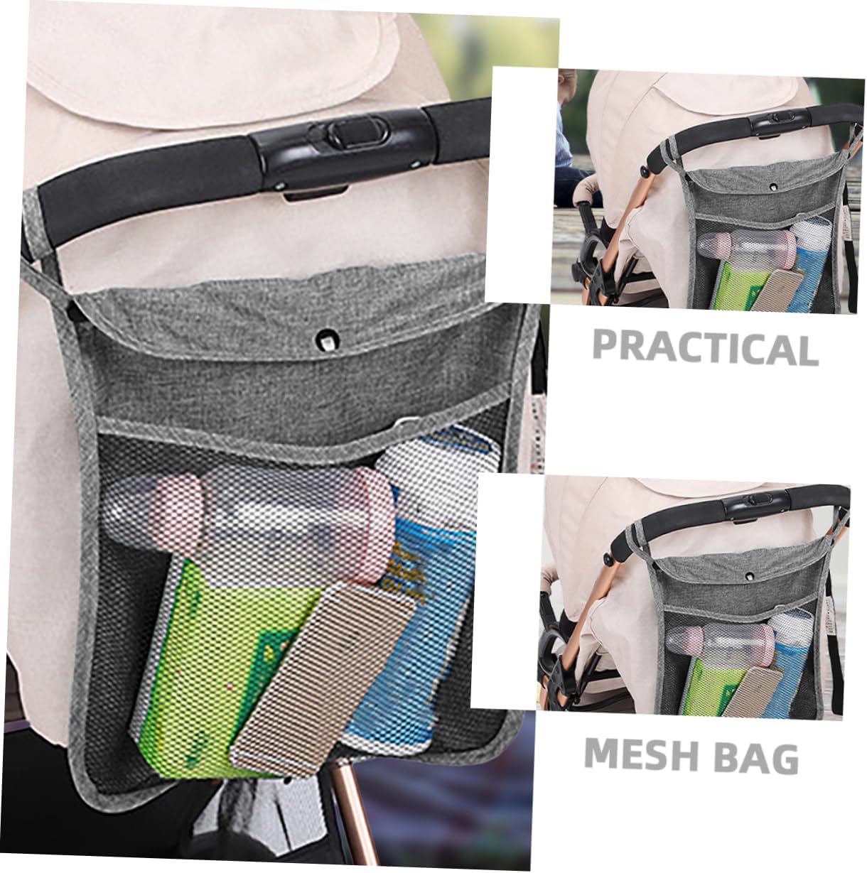 2pcs Portable Baby Stroller Mesh Storage Bag Organizer Adjustable Hanging Pouch for Infant Pushchair Sturdy Linen Fabric for Outdoor Use