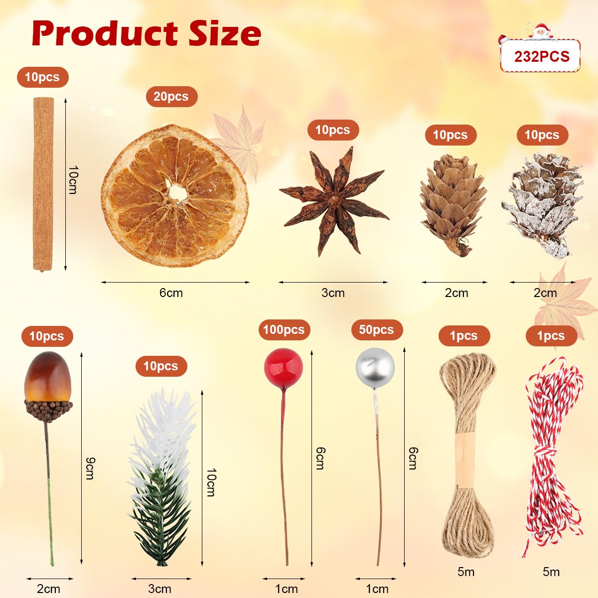 232 Pezzi Corona di Natale Accessori, Decorative Natalizie Pigne, Arancia Essiccata, Cannella Stecche, Anice Stellato, Ramo di Pino, Bacche, Decorazioni per Ghirlanda Fai Da Te Albero di Natale