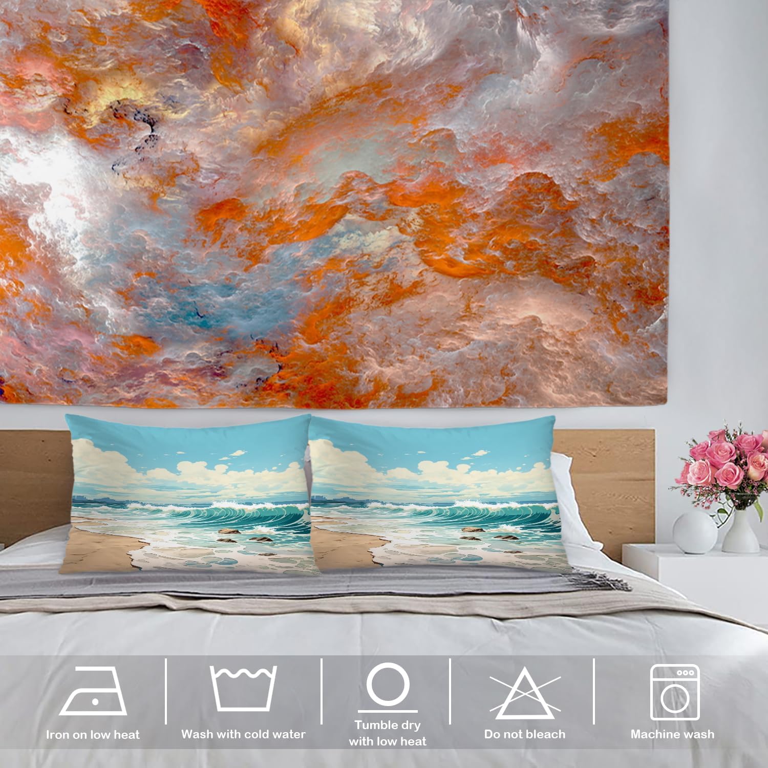 Beach Scene Throw Pillow Covers, Ocean and Clouds Cushion Cover Digital Blended Hidden Zipper Decorative Pillowcases for Bedroom Lumbar 20X26 in 2 Pcs