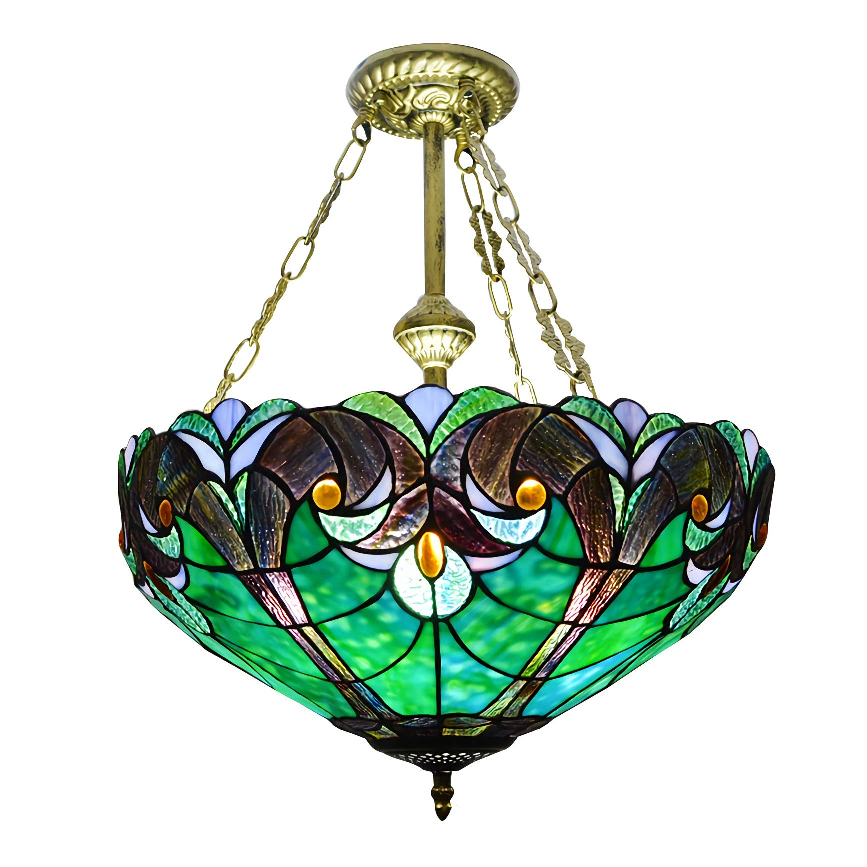 Vintage Tiffany Style Chandelier, Green Stained Glass Ceiling Light Fixtures, Retro Decoration Pendant Hanging Light for Hallway Bedroom Living Room Dining Room [Energy Class A ++],40cm
