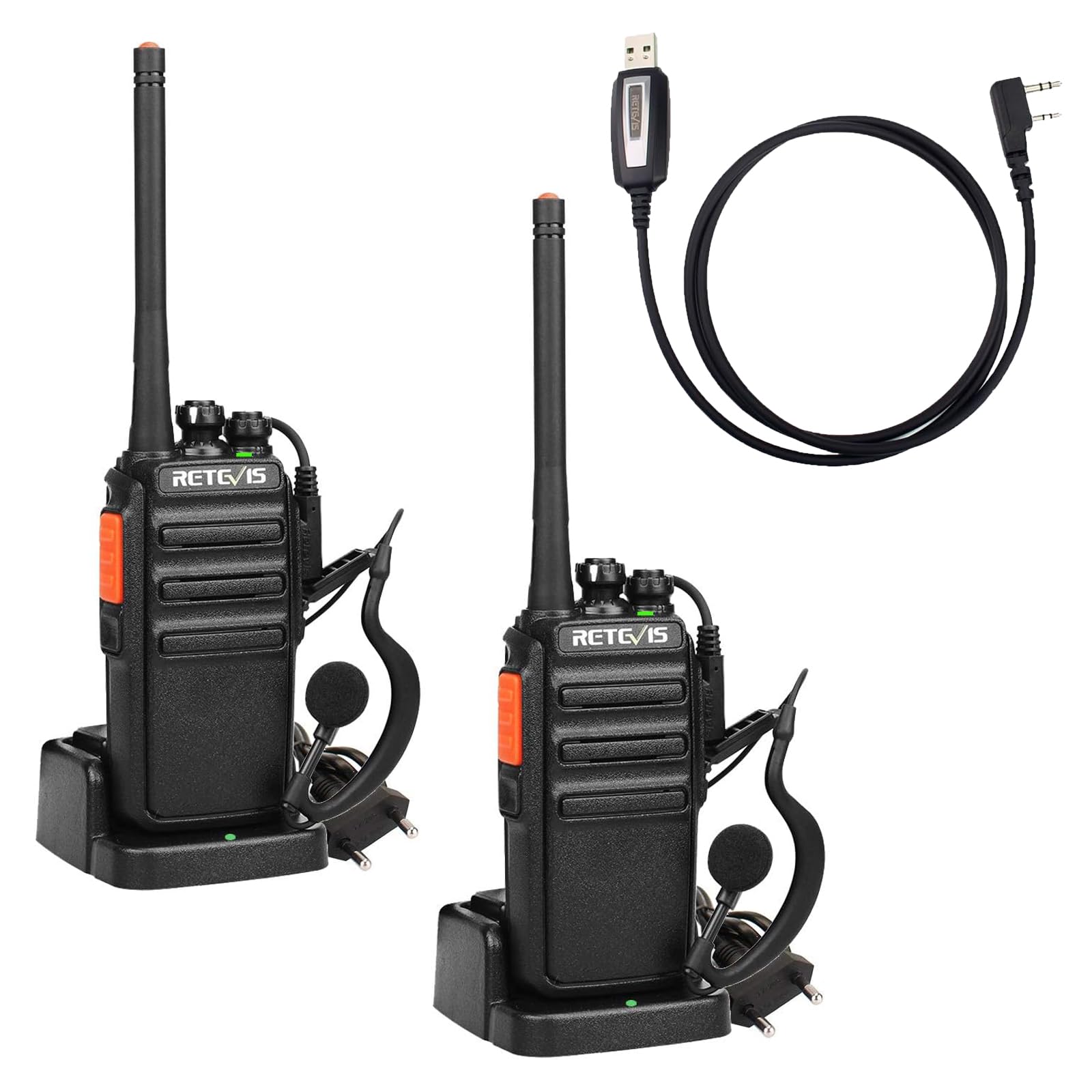 Retevis RT24 Walkie Talkie, Sonido es Claro Walkies Profesionales PMR446 sin Licencia 16 Canales CTCSS/DCS VOX Walkie Talkie con Auriculares y Cargador Europeo with Cable de Programación