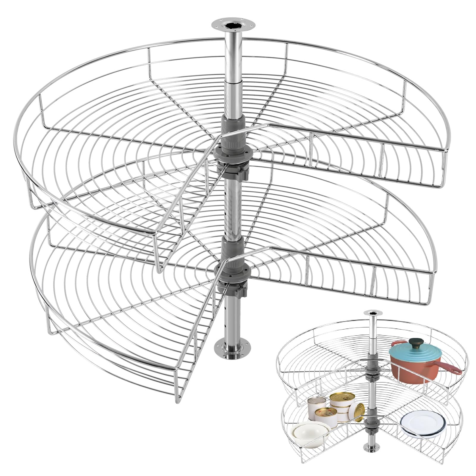 Lazy Susan Drehteller, drehbares Regal, 270 ° Kücheneckschrank, Organizer, 2 Ebenen, höhenverstellbar, Speisekammer-Gewürzregal, 71,1 cm
