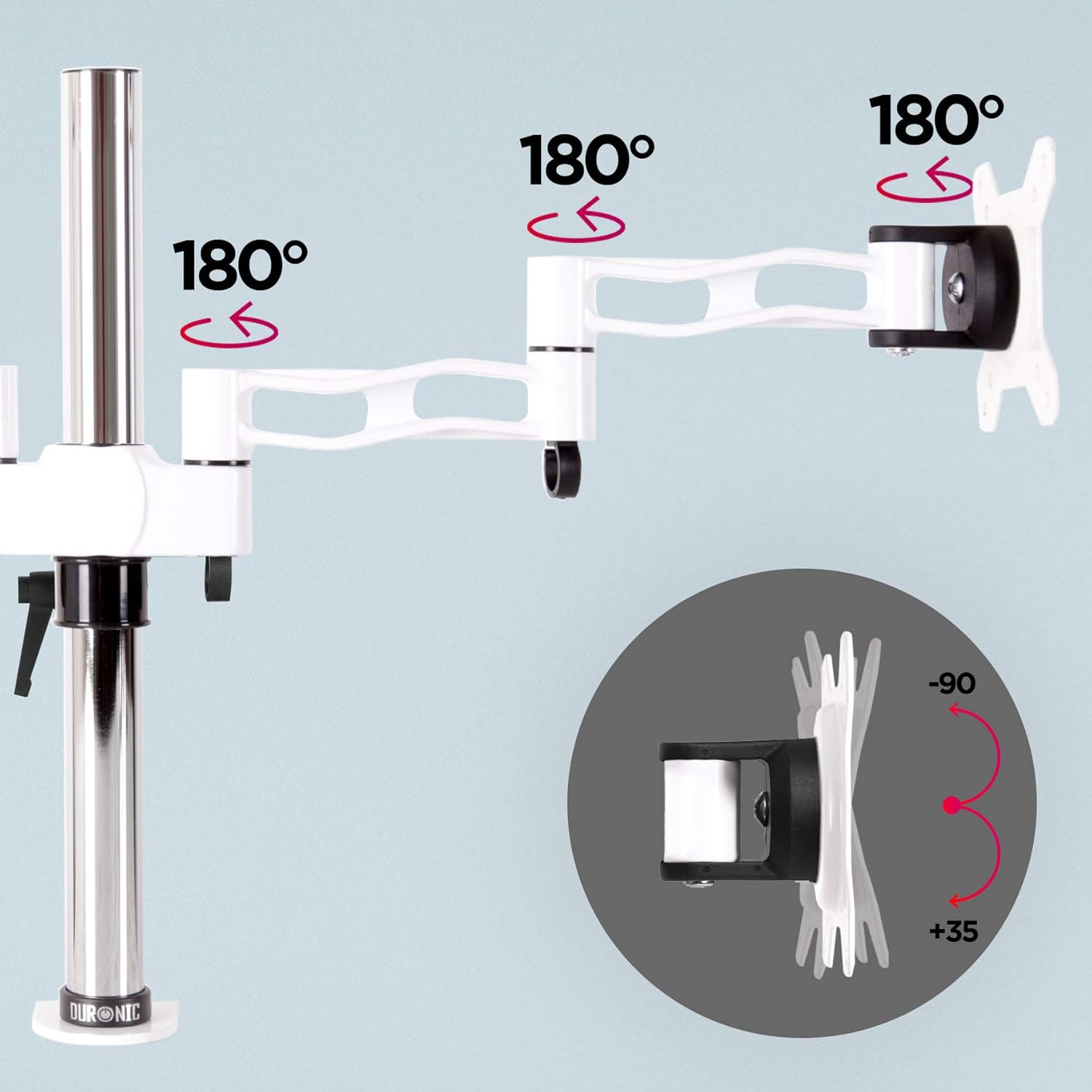 Duronic Dual Monitor Arm Stand DM352 WE | Double PC Desk Mount | White | Aluminium | Adjustable | for Two 13-27 inch LED LCD Screens | VESA | 17.6lbs Capacity | Tilt +15°/-15° Swivel 180° Rotate 360°