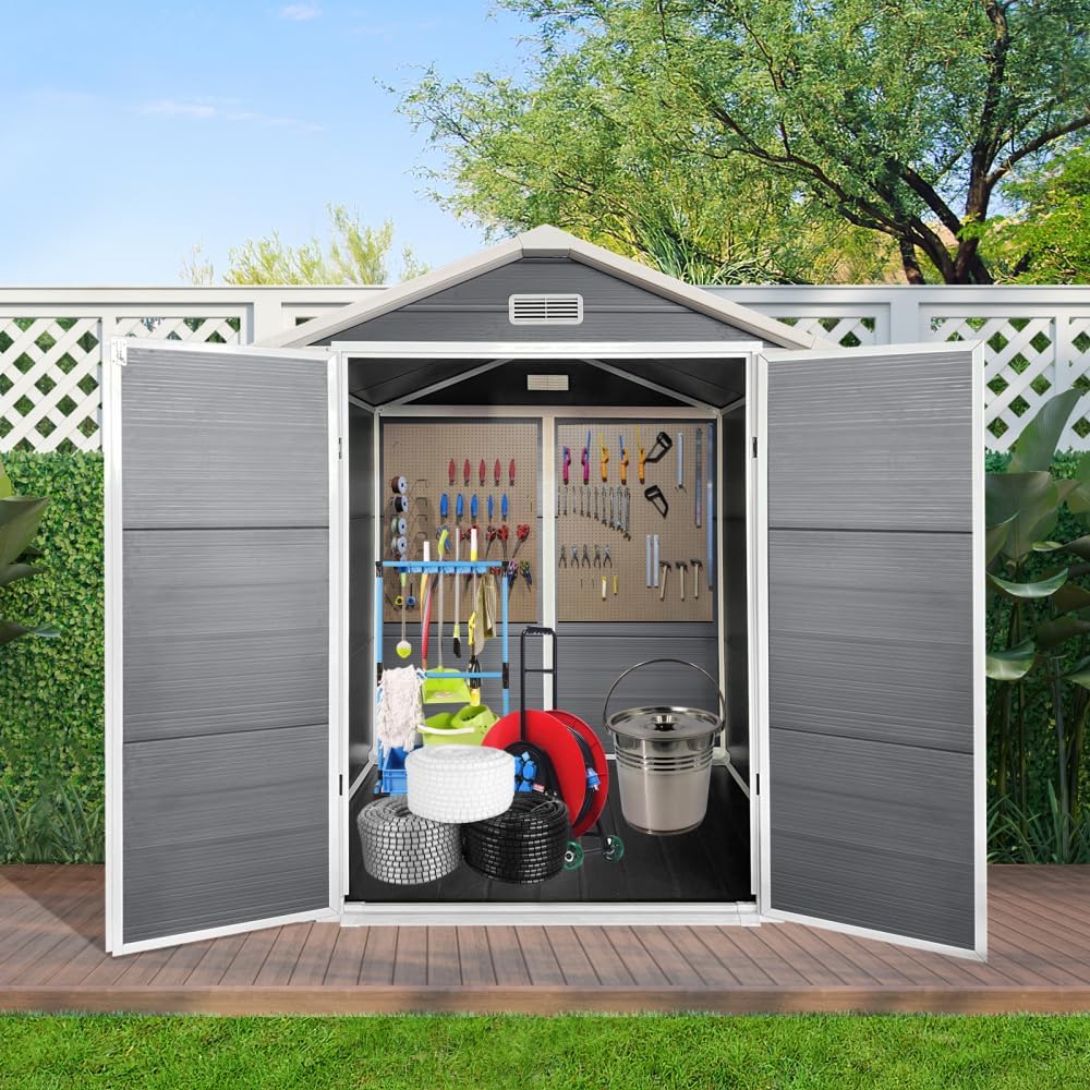 6ft x 6ft Plastic Outdoor Storage Shed with Floor and Lockable Door, Garden Shed for Backyard and Lawn in Gray