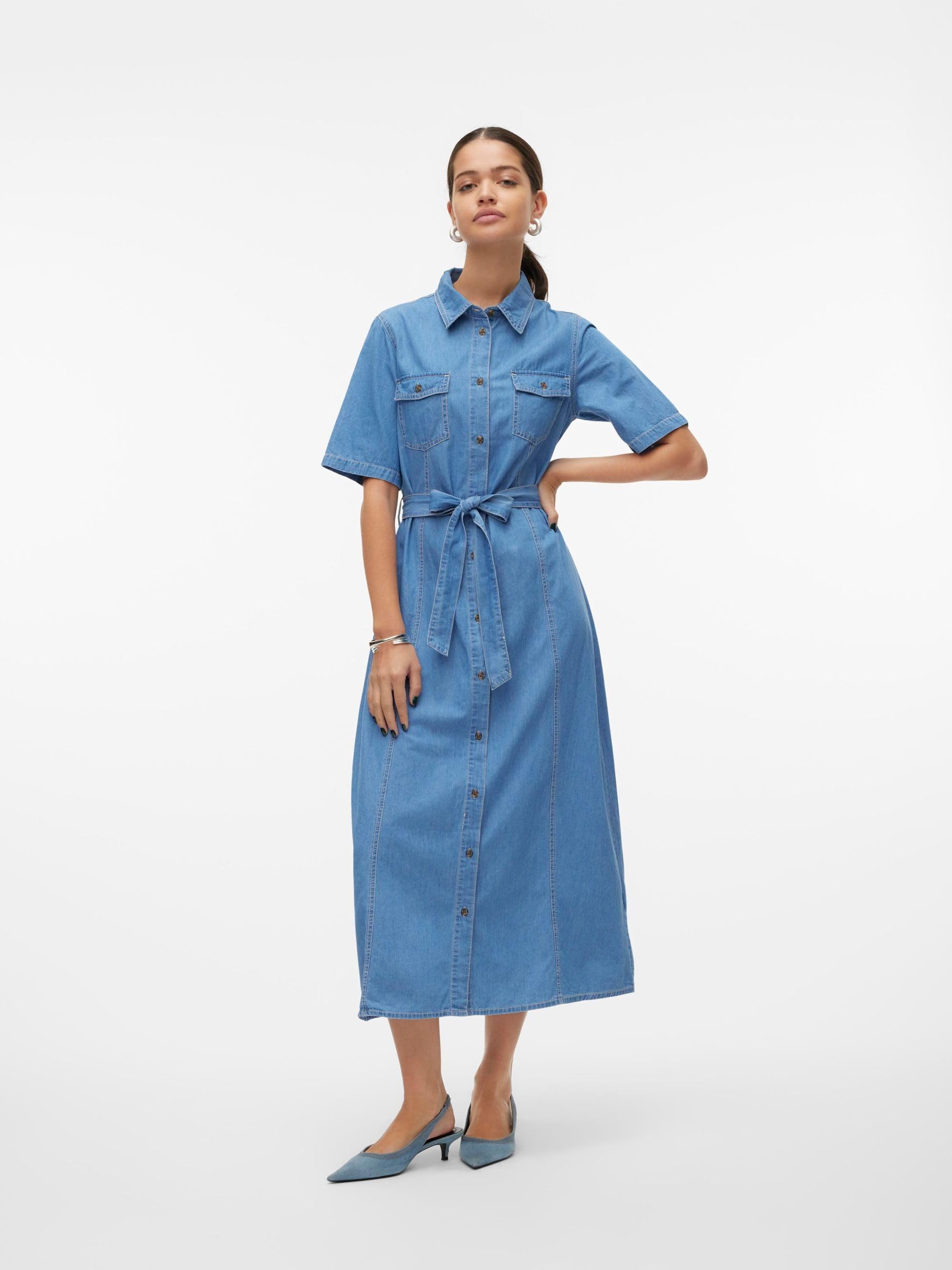 VERO MODA Vmvio Yo337 T-Shirt 2/4 Reg 7/8 Robe en Jean Femme
