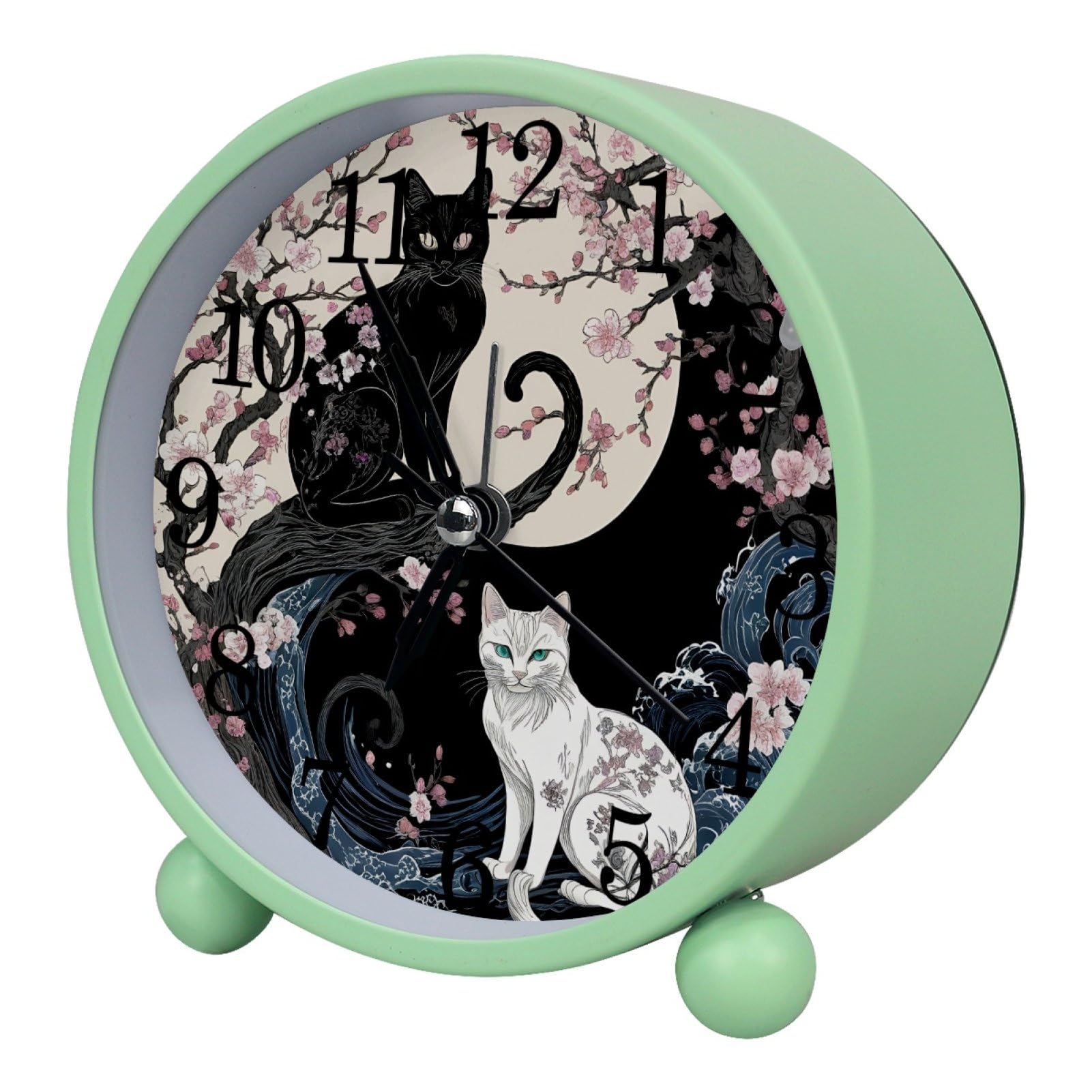 etoenbrc Yin Yang Cat and Florals Alarm Clock,Small Battery Operated Clock, Slient Plastic Table Clock for Living Room Bedroom and Office Decor