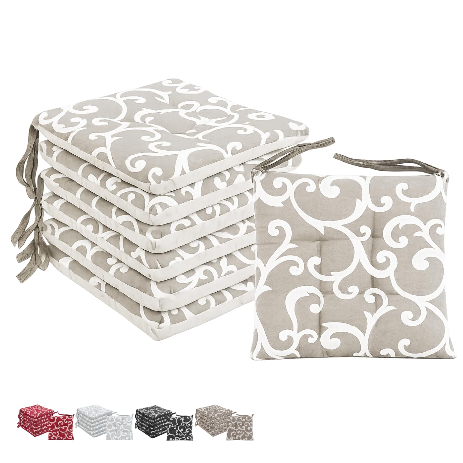 VIRSUS Set 6 Cuscini per Sedie a 4 Punti 40x40 cm, Coprisedia da Cucina con Lacci, Imbottitura Poliestere e Rivestimento Cotone, Made in Italy Beige Fantasia