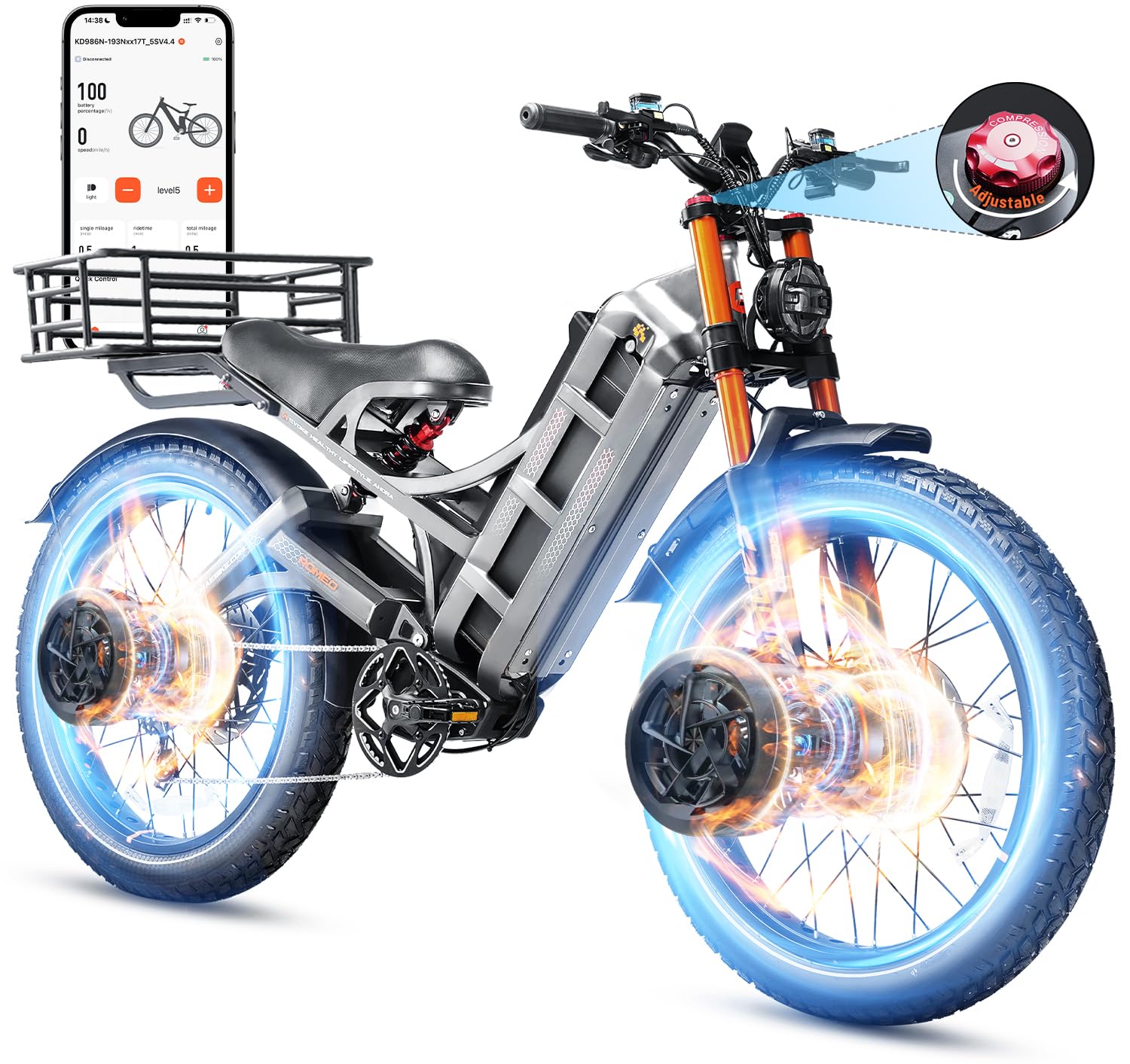eAhora 2025 Romeo Pro 3/ Pro 2 5600W/ 4000W 46-50MPH Dual Motor Electric Bike for Adults, 80/70Ah/200+ Miles Long Range Electric Bike, 26'' Puncture-Proof Tire, 7-Speed Pedal Assist UL Certificate