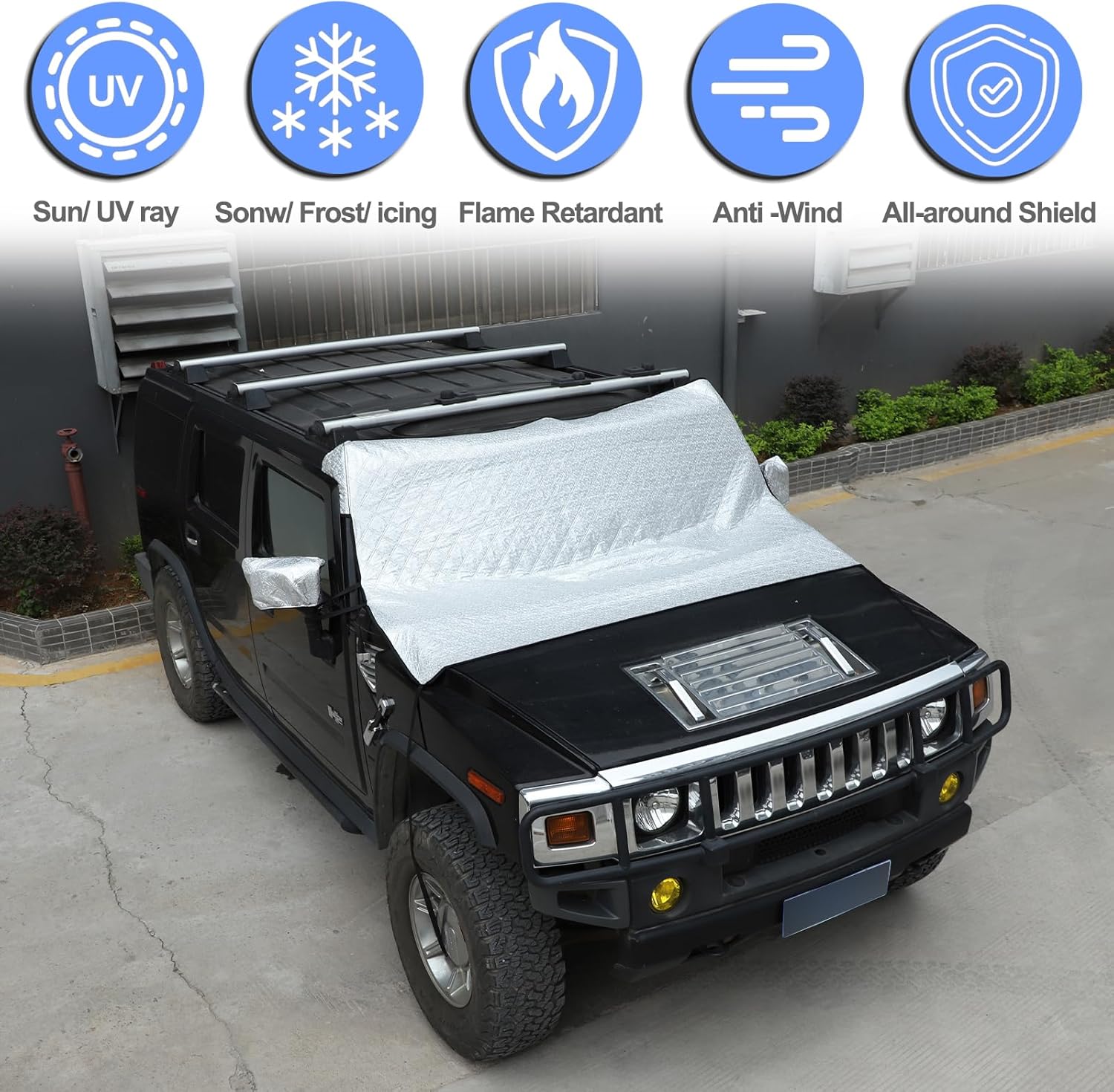 Windshield Snow Cover Compatible with Hummer H2 2003-2009, Car Snow Cover, Front Windshield Sunshade, Exterior Windscreen Sun Shade, UV-Rays Sun Ice Snow Frost Protector, 4-Layer Windshield Cover