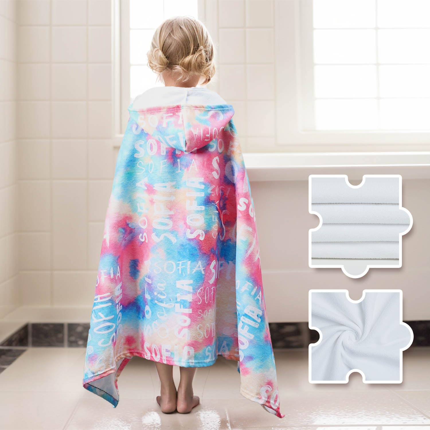 Ritiga Personalized Hooded Bath Towels for Kids Ages 4-8 8-10,Customized Hooded Beach Towel for Kids with White Names, Custom Tie Dye Microfiber Soft Unique Kids Towels with Hood for Pool Swimming