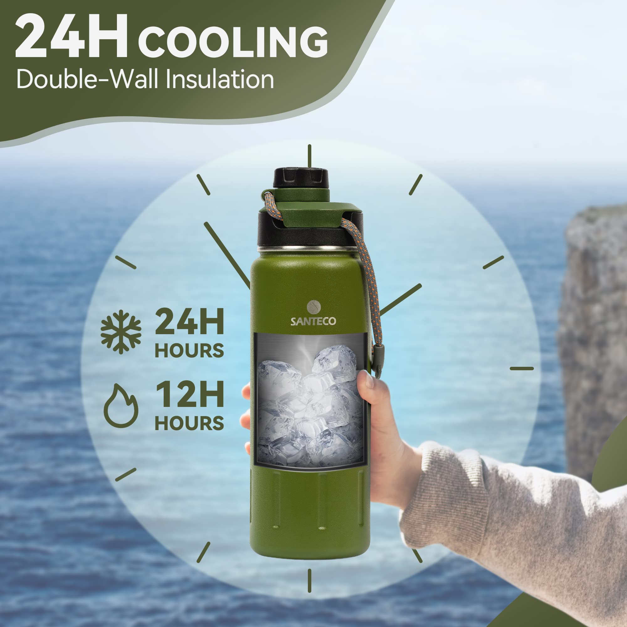SANTECO Bottiglia Termica 500ml/710ml, Borraccia Acciaio Inox Senza Perdite, Bottiglia d'Acqua Sportiva per Bambini, Scuola, Sport, Campeggio, Yoga, Palestra, Ciclismo, Senza BPA