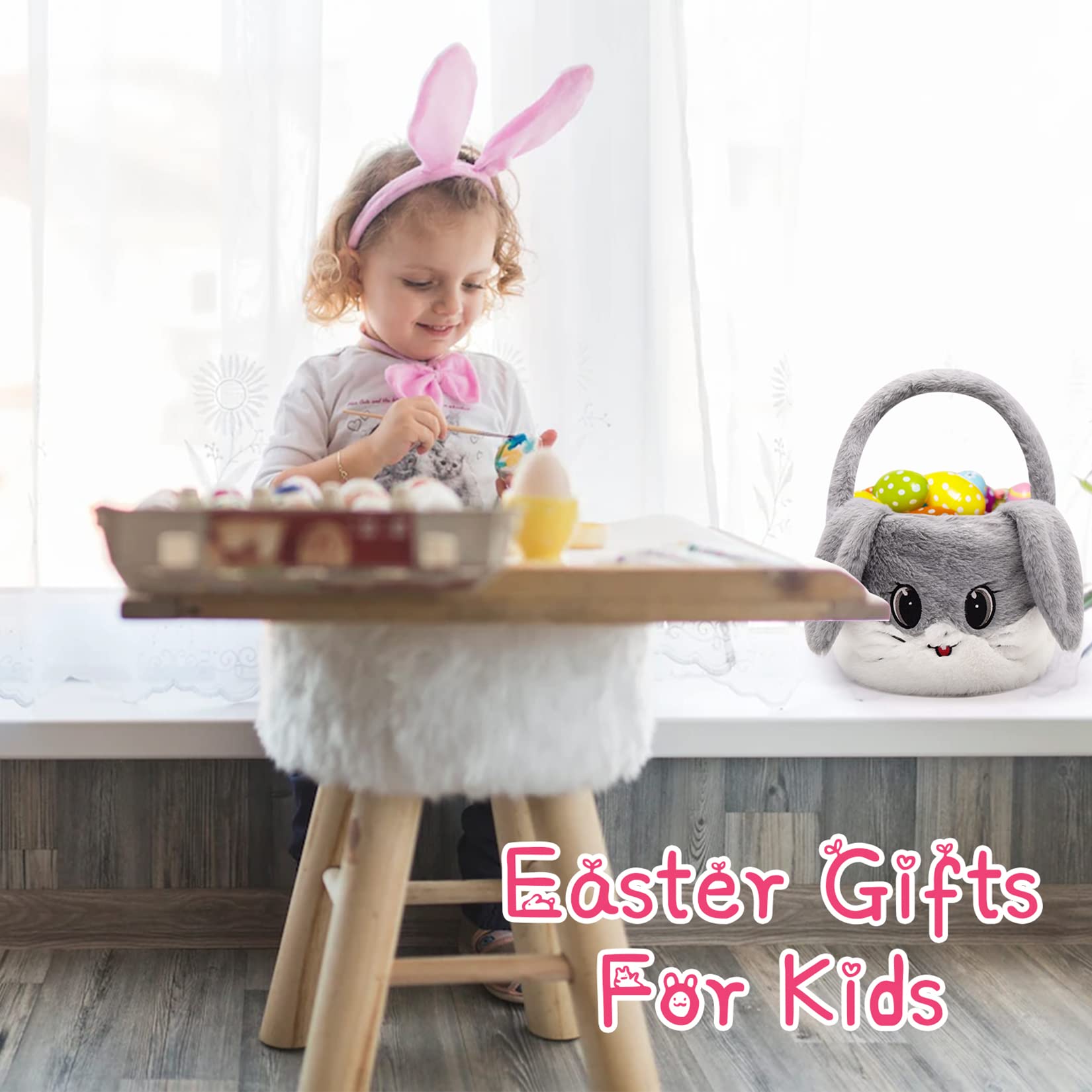 Hagusahuo Easter Basket for Kids, Gray, Plush, Round, Cute Modern Rabbit-Shaped with Handle, Perfect for Easter Egg Hunting, Storage, and Decoration