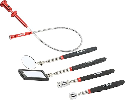 ARES 10094 Juego de herramientas magnéticas de recogida e inspección de 5 piezas Herramientas de recogida y espejo de inspección con luces LED