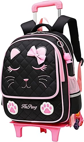 Mochila con ruedas para niñas, mochila escolar con cara de gato, mochilas con ruedas, equipaje de viaje de mano, 6 Ruedas Negro, Solo mochila con