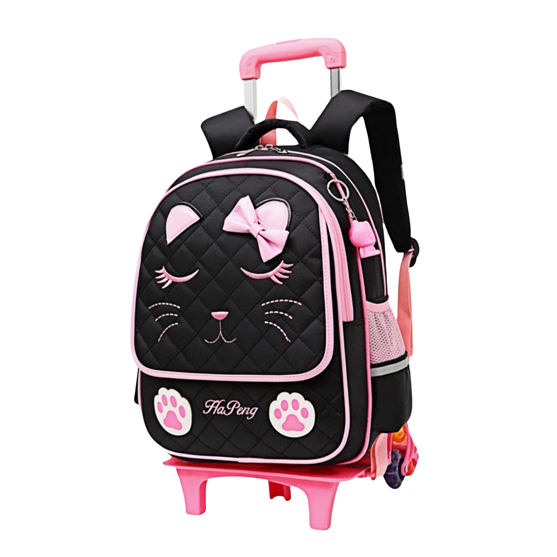 Cute Rolling Backpack for Girls Trolley School Bags Cat-face Bowknot Girls Backpacks with Wheels Kids Carry-on Travel Luggage Black-6 Wheels