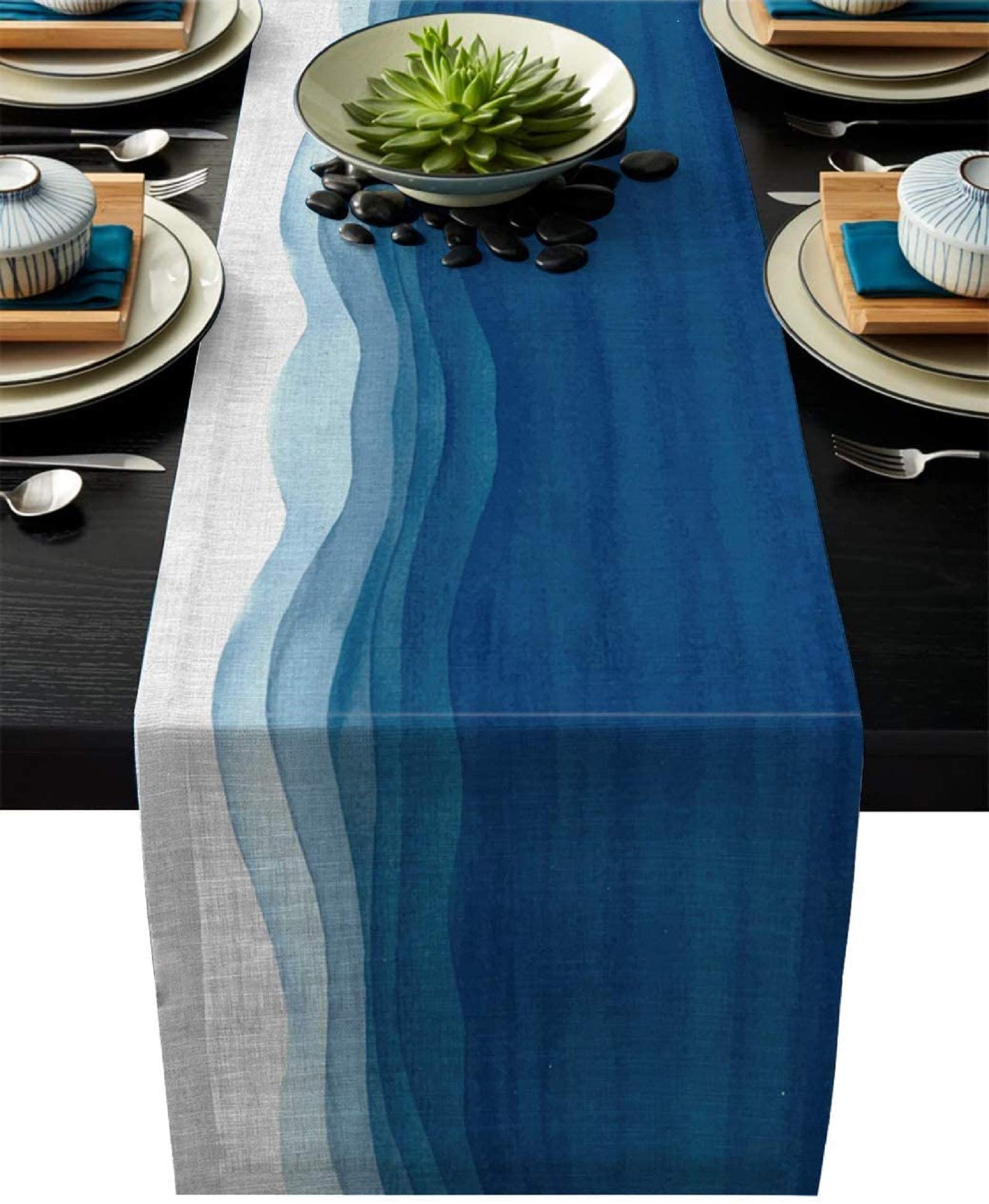 Blue White Table Runner 108 inches Extra Long,Non-Slip Dining Table Runners for Kitchen,Ombre Ocean Wave Coffee Table Runners Dresser Scarf for Living Room Garden Wedding Parties ( Wave Ocean)