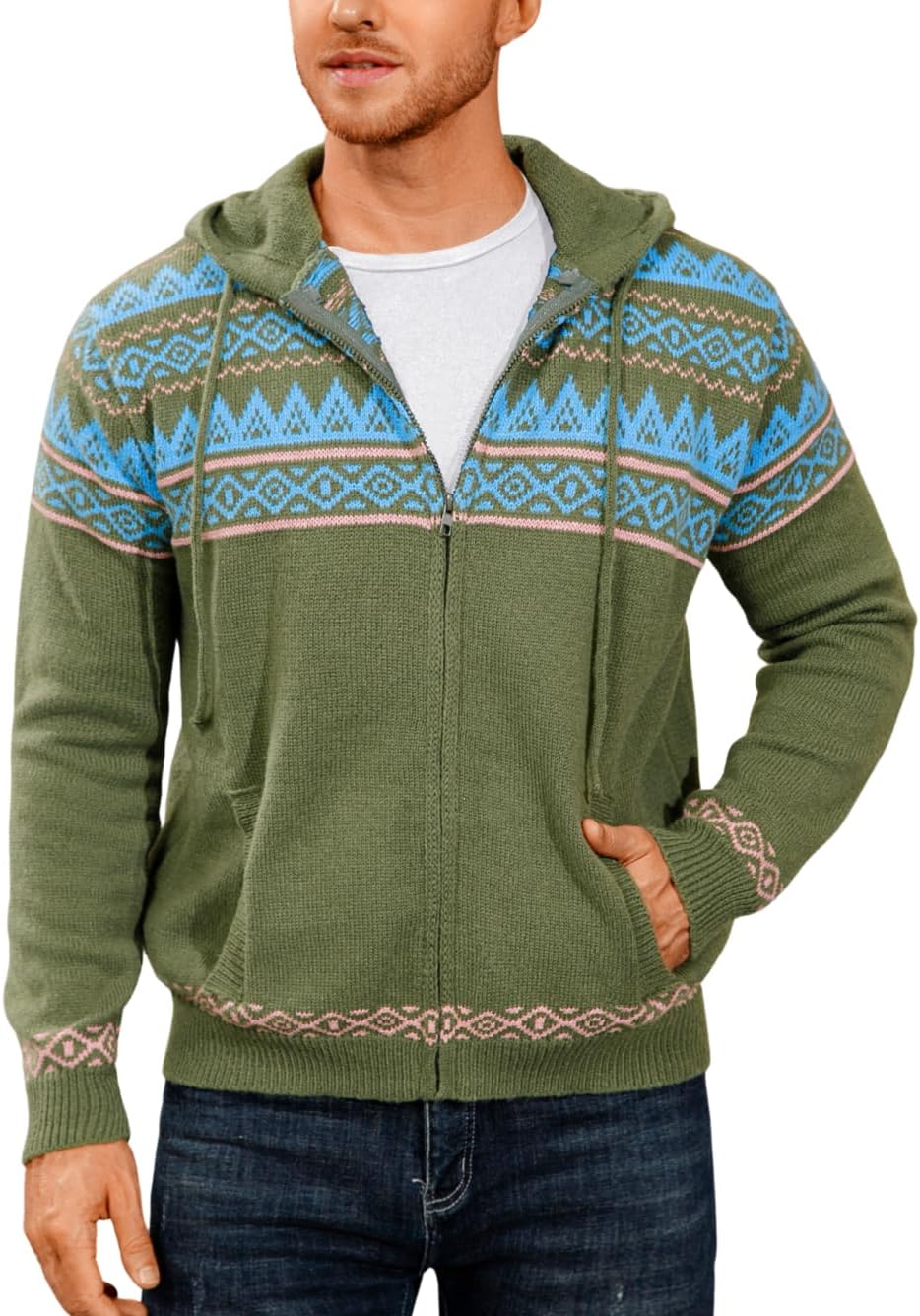 Fair Isle Cardigan Sweaters,Zip Up Sweater Hoodie Men,Casual Work House Going Out Knit Sweatshirt