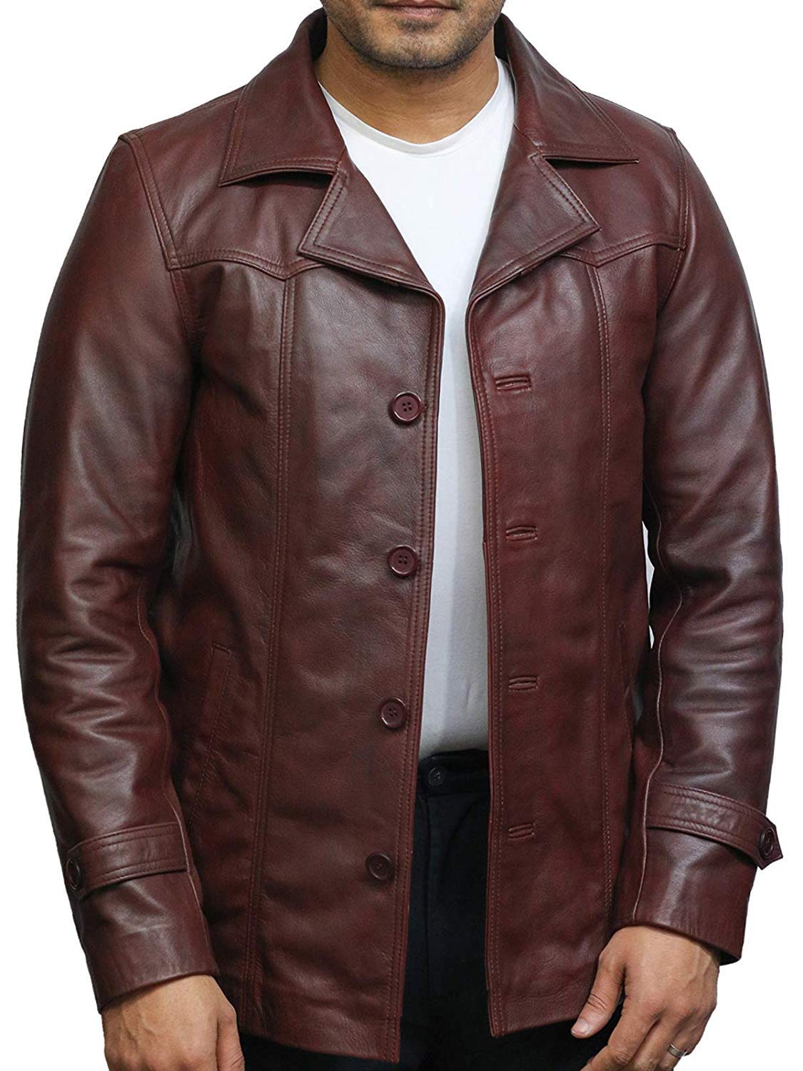 BRANDSLOCK Herren Echt Rindsleder Lederjacke Trenchcoat Safarimantel Gewaschen