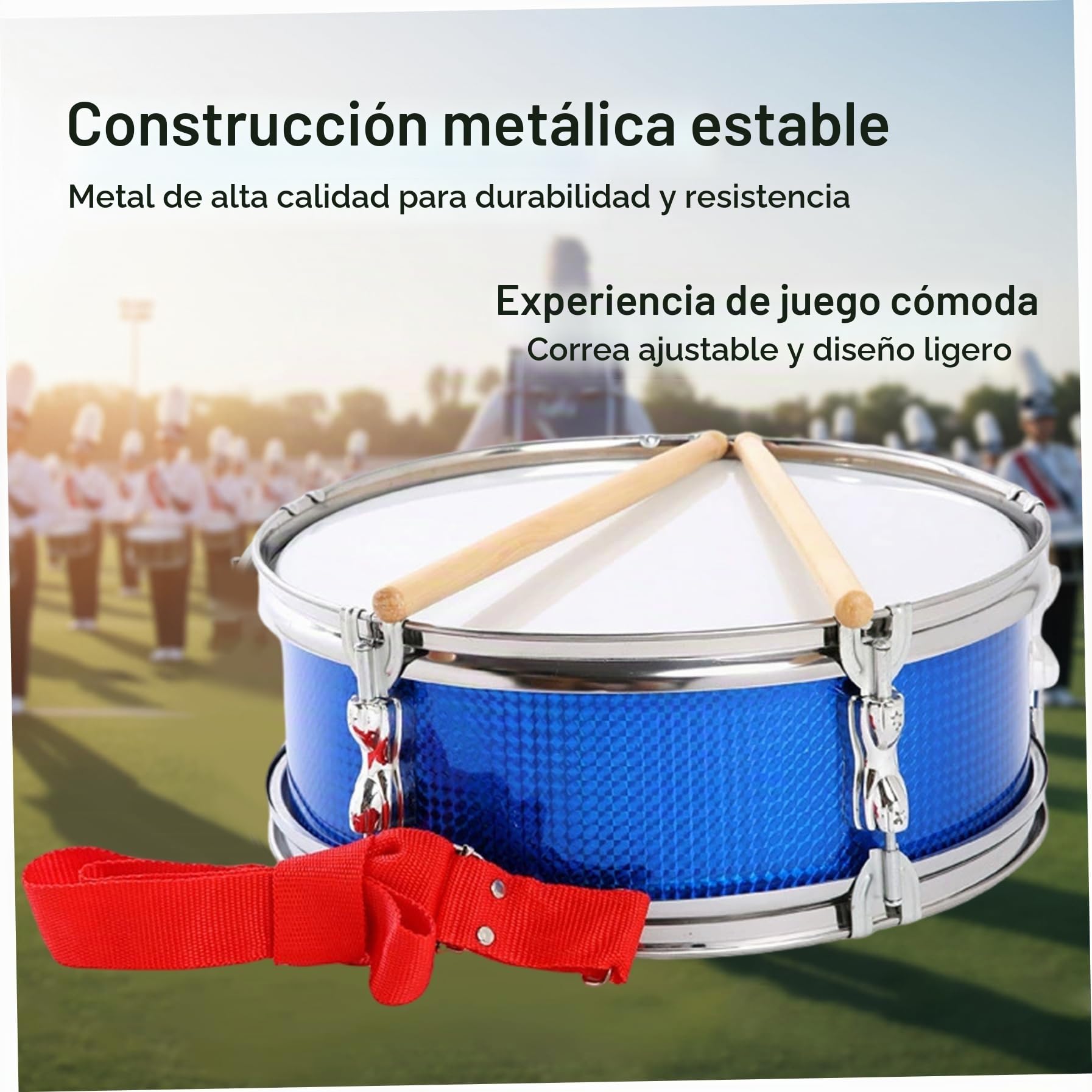 Tambor de marcha de 13 pulgadas, caja metálica con baqueta y correa para el hombro, instrumento de percusión para niños y escuelas.