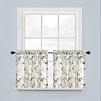 Vista 12 de VOGOL Cortinas bordadas de hojas, cenefas texturizadas de lino estilo rústico para ventana de cocina, patrón de hojas con bolsillo para barra