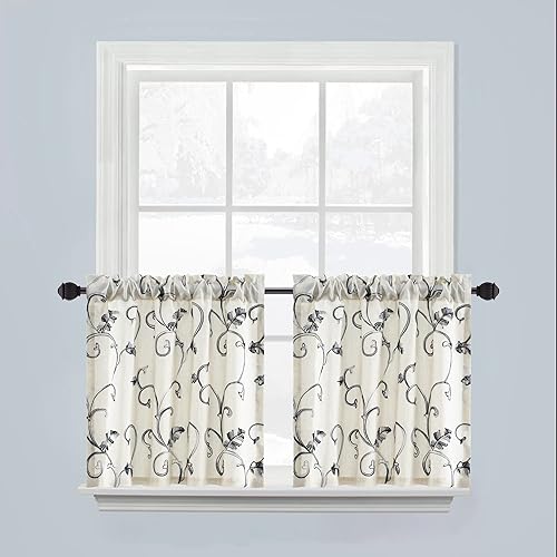 Miniatura 1 de VOGOL Cortinas cortas de 24 pulgadas de largo, cortinas de lino sintético de vid gris para cocina, cafetería, baño, sótano, tratamiento de ventanas