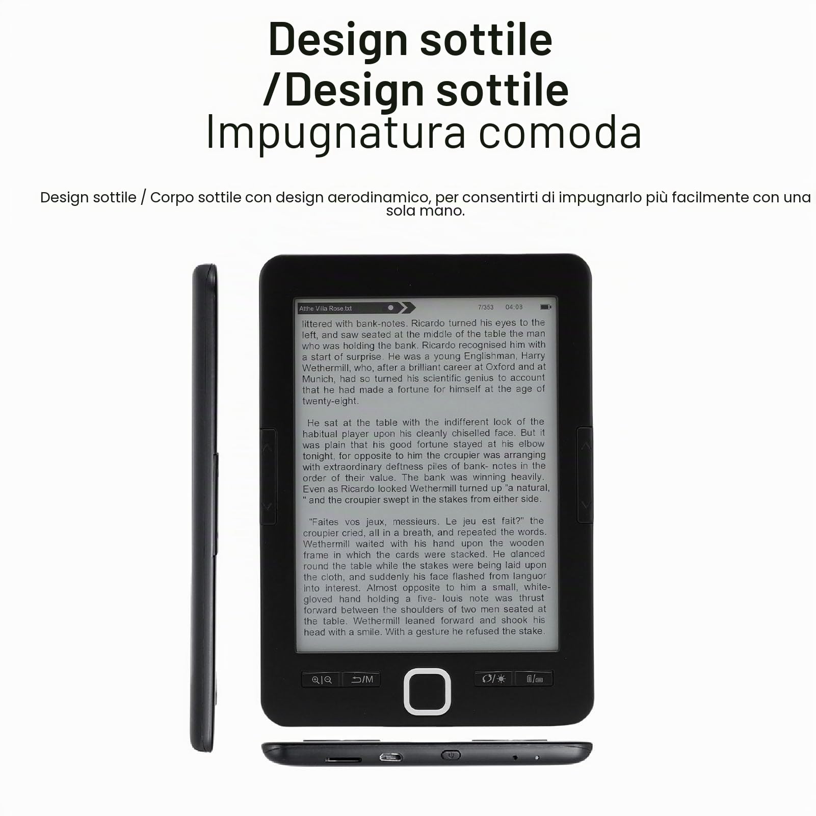 Lettore di EBook Portatile con Schermo HD Ink da 6 Pollici, BK6033, Memoria Integrata da 8 GB, luminosità Regolabile, Adatto per Bambini, Adulti e anziani.