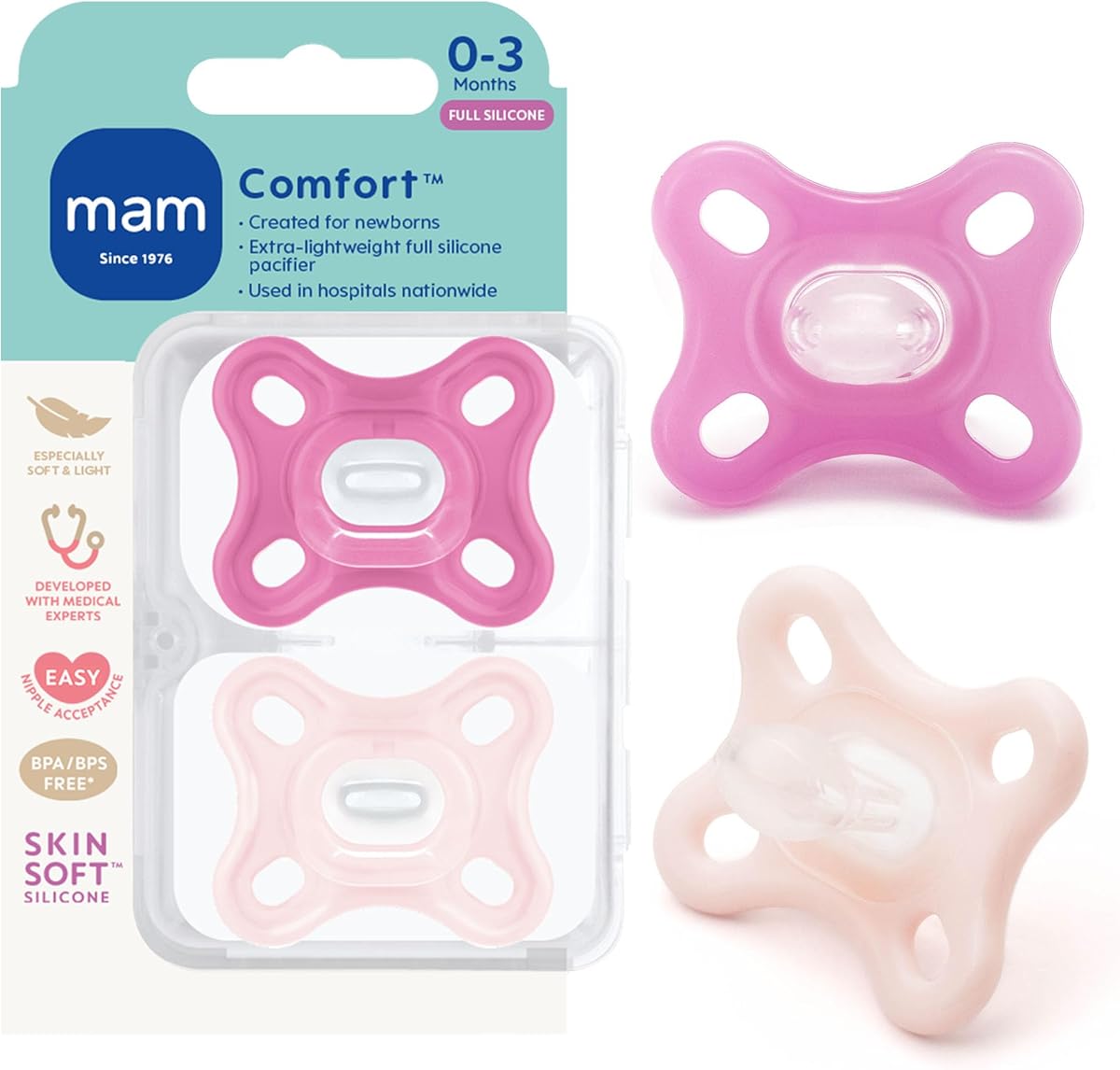 Chupete Comfort Baby de 0 a 3 meses, ligero, de silicona de una sola pieza, paquete de 2