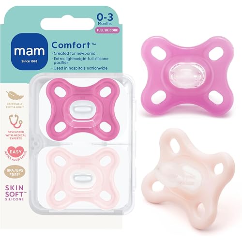MAM Comfort Baby Pacifier 0-3 Months Specially for Smaller Newborn Mouths, Lightweight One-Piece BPA-Free Silicone, Easy to Clean, Best for Breastfed Babies, 2 Pk, Sterilizer Case, Made in Europe