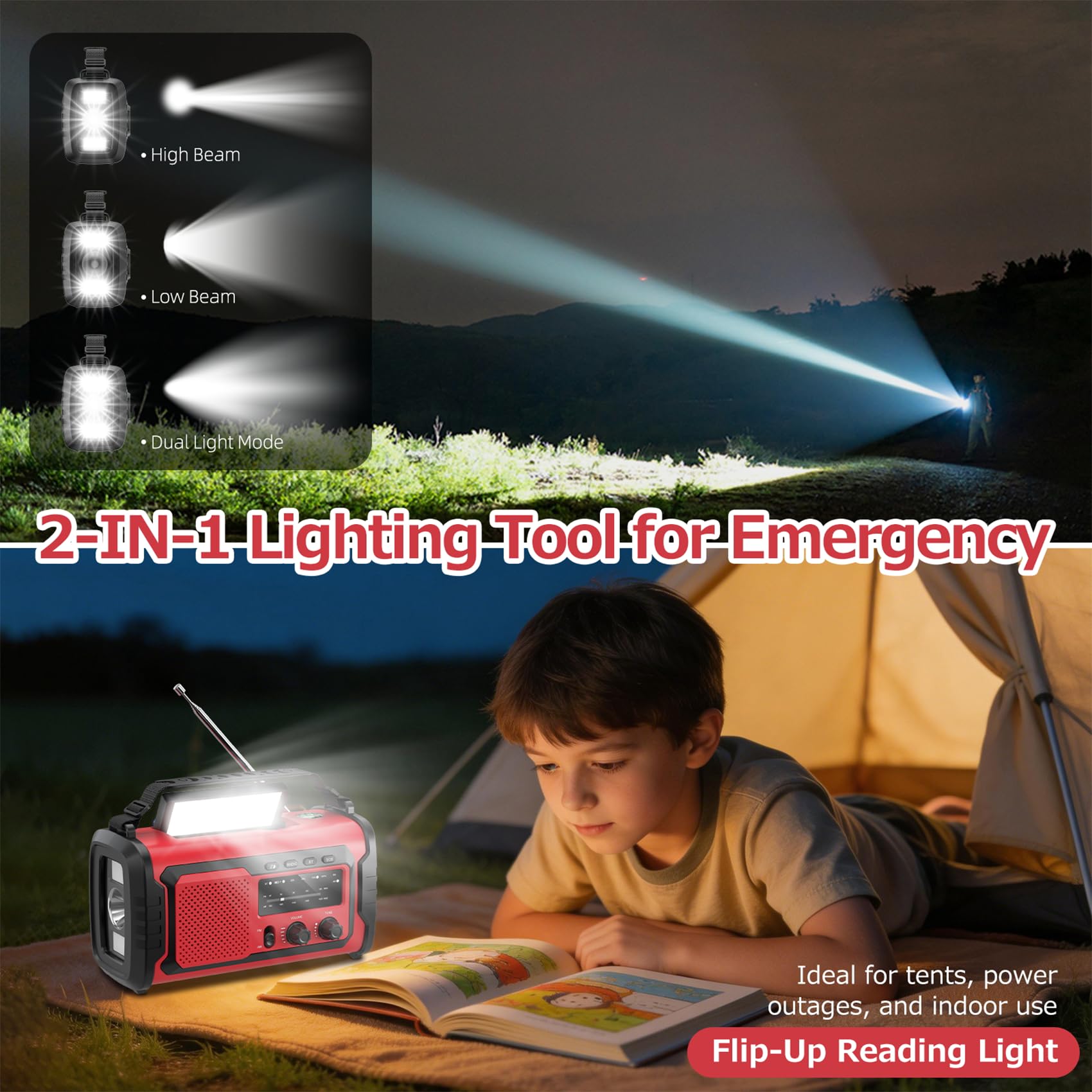 Kurbelradio 27000mAh Notfallradio mit Solar & Handkurbel, AM/FM Emergency Radio mit SOS Alarm, Bluetooth Lautsprecher & Powerbank, Taschenlampe für Camping,Outdoor(Rot 27000mAh)