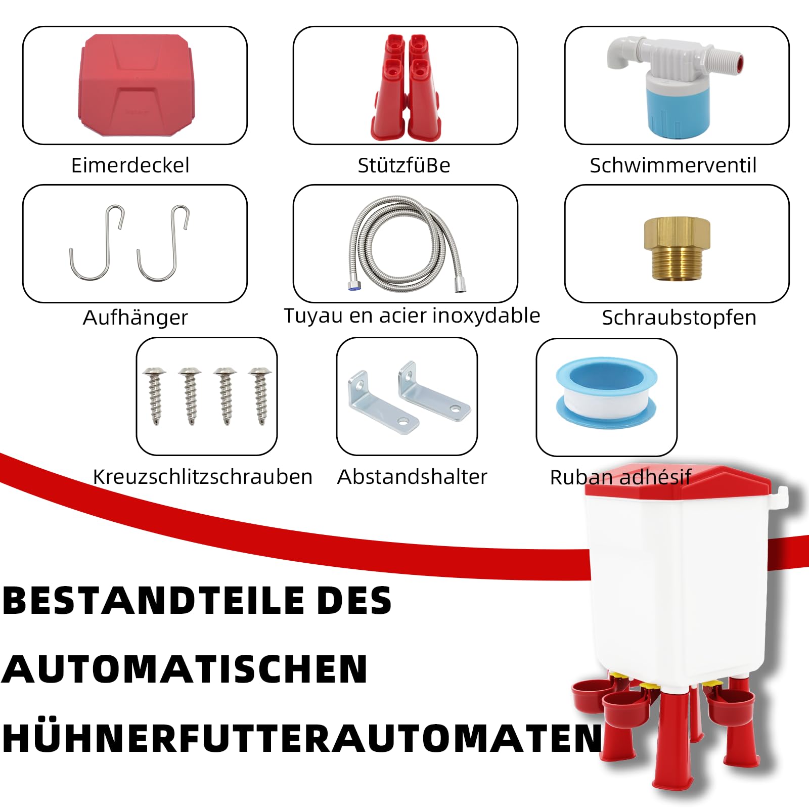 7-Liter-Automatiktränke, freistehende Hühnertränke Geflügeltränke für Enten und Gänse, hängende Schwerkraftfütterung, Hühnerzuchtzubehör, inklusive Zubehör